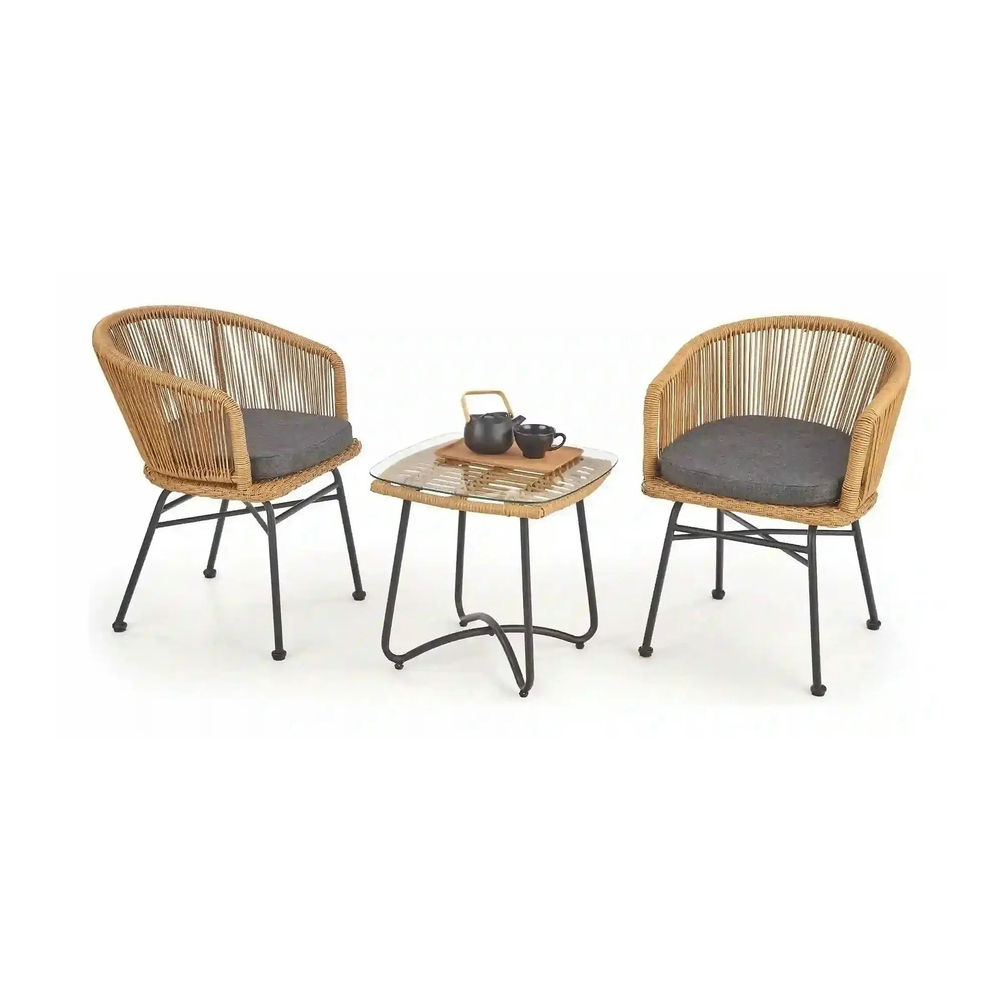 Scaun K400, gri/bej/negru, stofa/rattan sintetic/otel, 55x47x74 cm