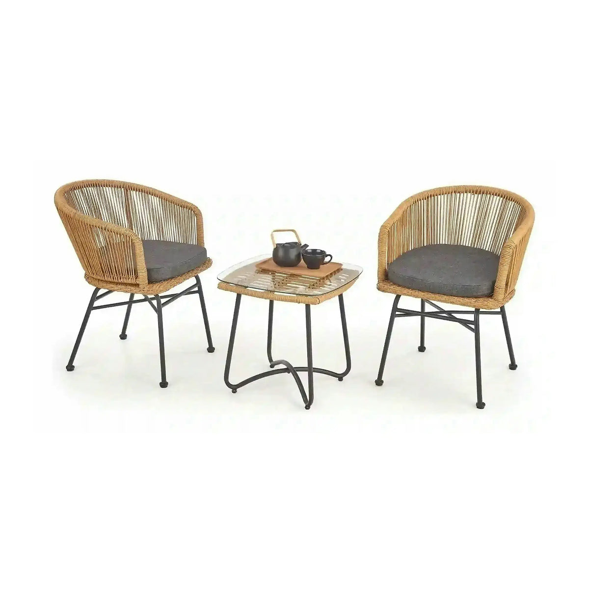 Scaun K400, gri/bej/negru, stofa/rattan sintetic/otel, 55x47x74 cm