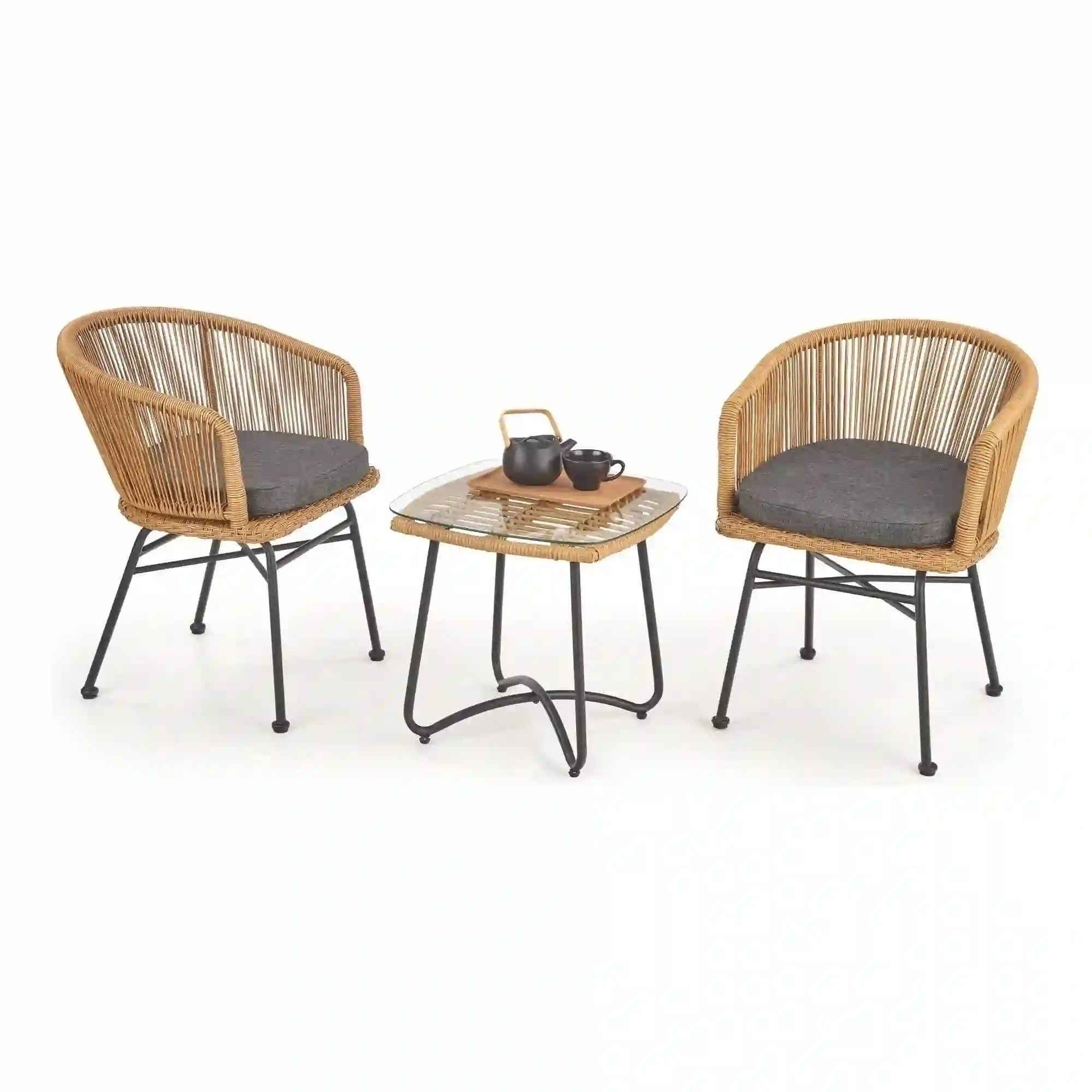 Scaun K400, gri/bej/negru, stofa/rattan sintetic/otel, 55x47x74 cm