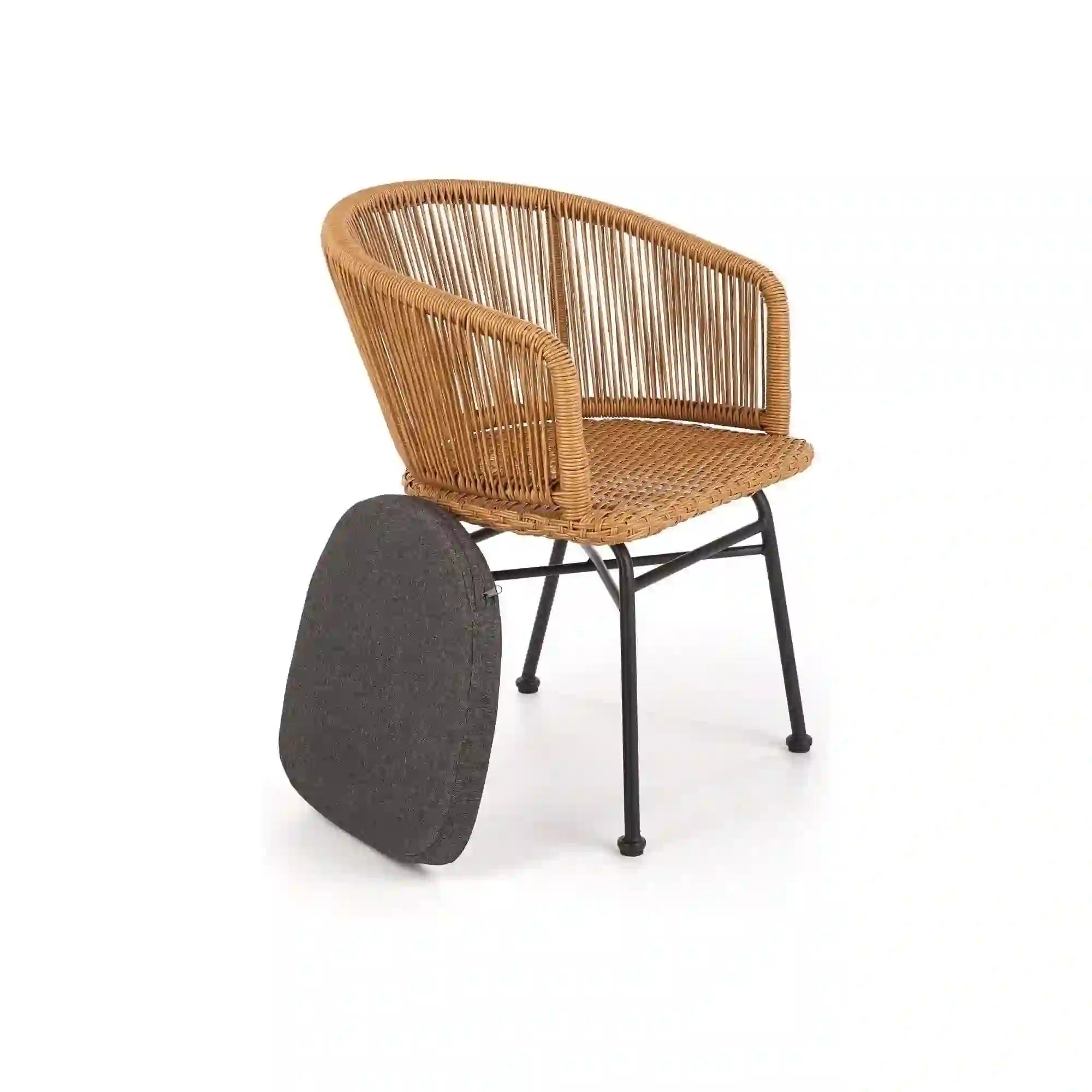 Scaun K400, gri/bej/negru, stofa/rattan sintetic/otel, 55x47x74 cm