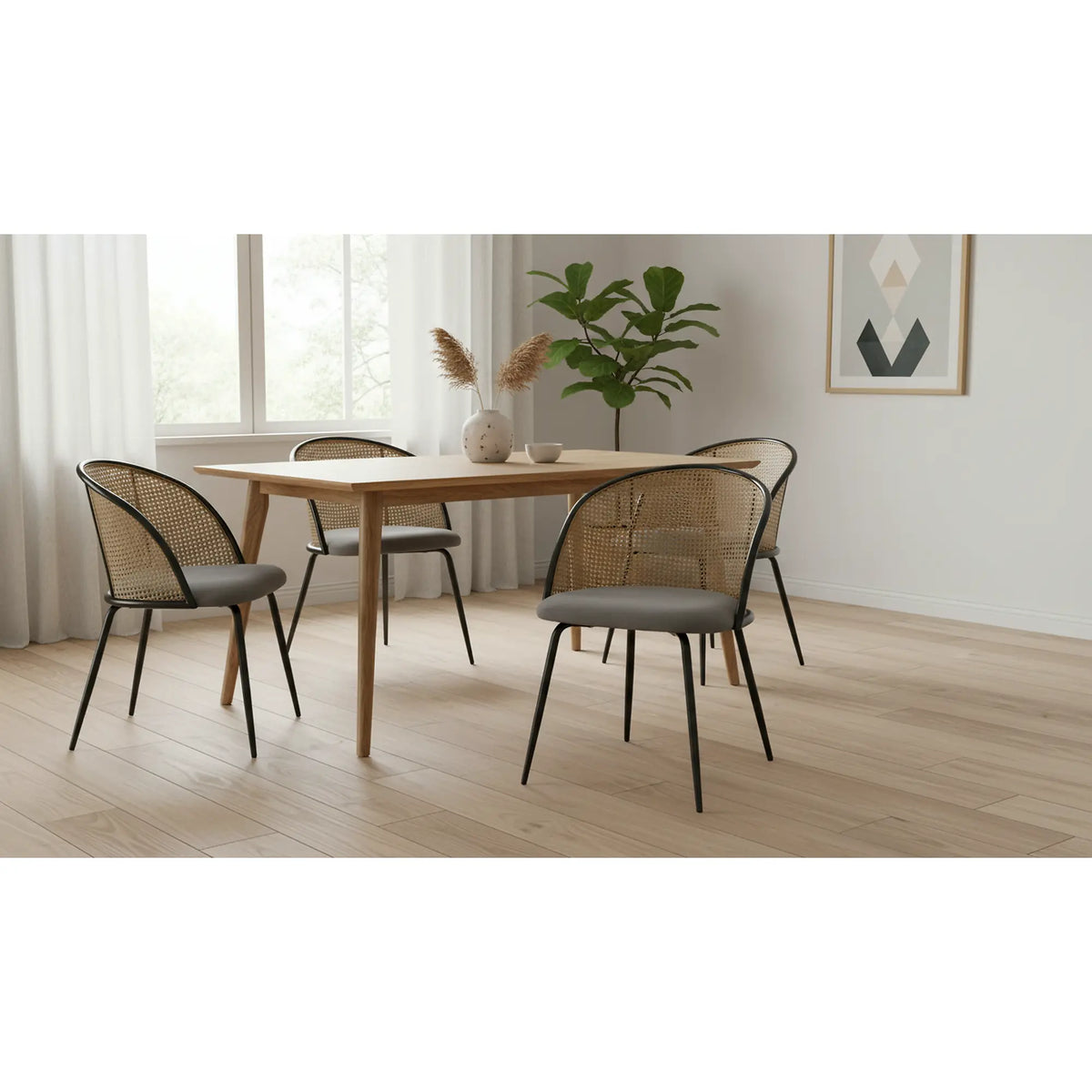 Scaun K508, gri/negru, stofa catifelata/rattan sintetic, 54x57x78 cm