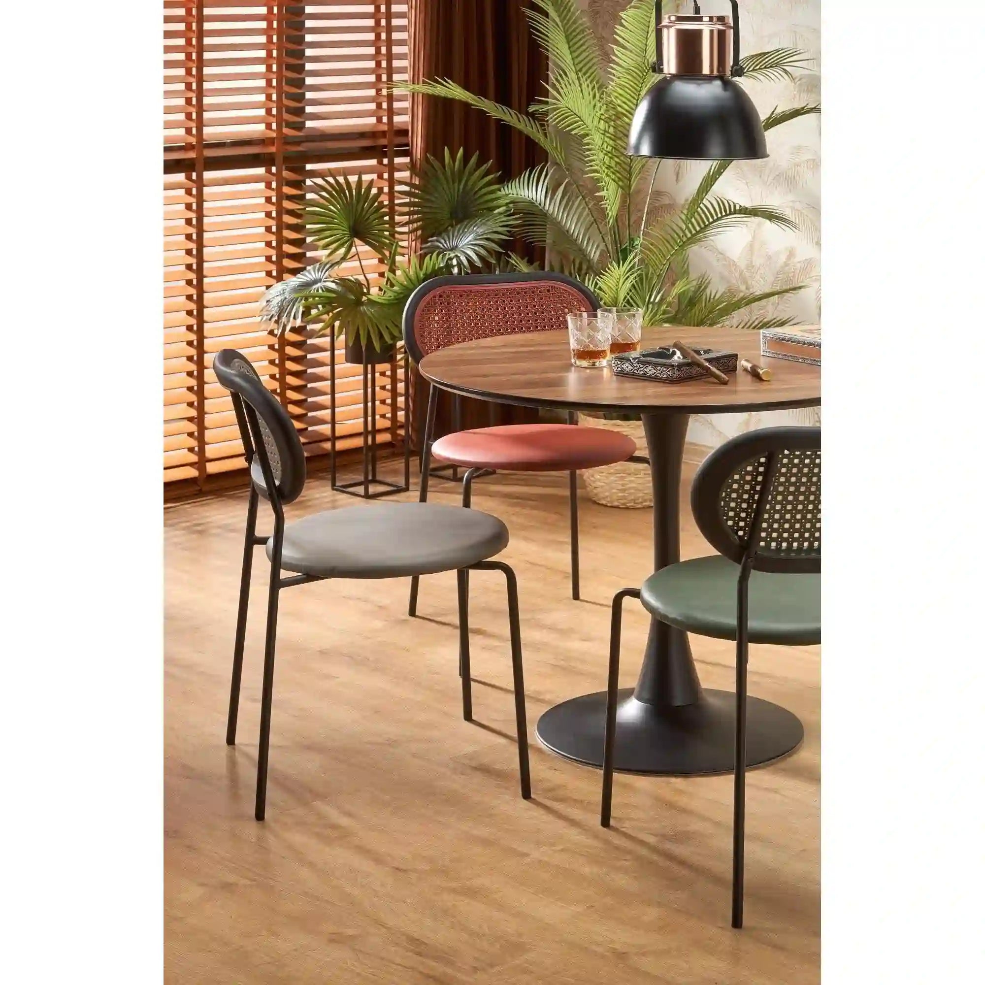 Scaun K524, verde/negru, piele ecologica/rattan sintetic, 46x51x78 cm