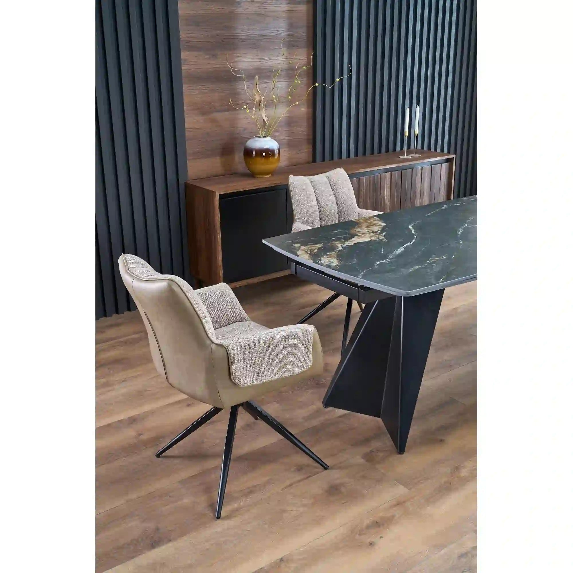 Scaun K579, maro/negru, stofa clasica/piele ecologica/otel, 65x64x87 cm