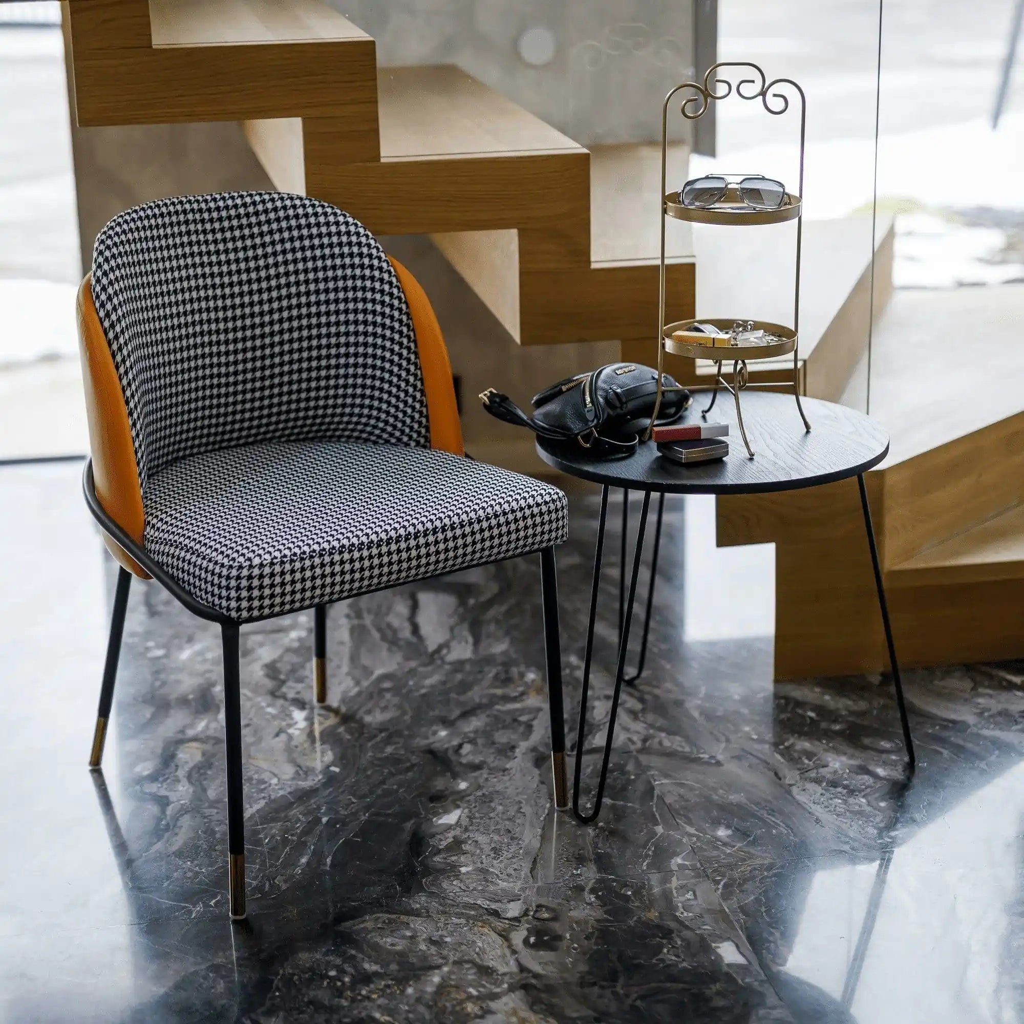 Scaun KIRNA, alb/negru/galben, stofa clasica/piele ecologica, 54x56x78 cm