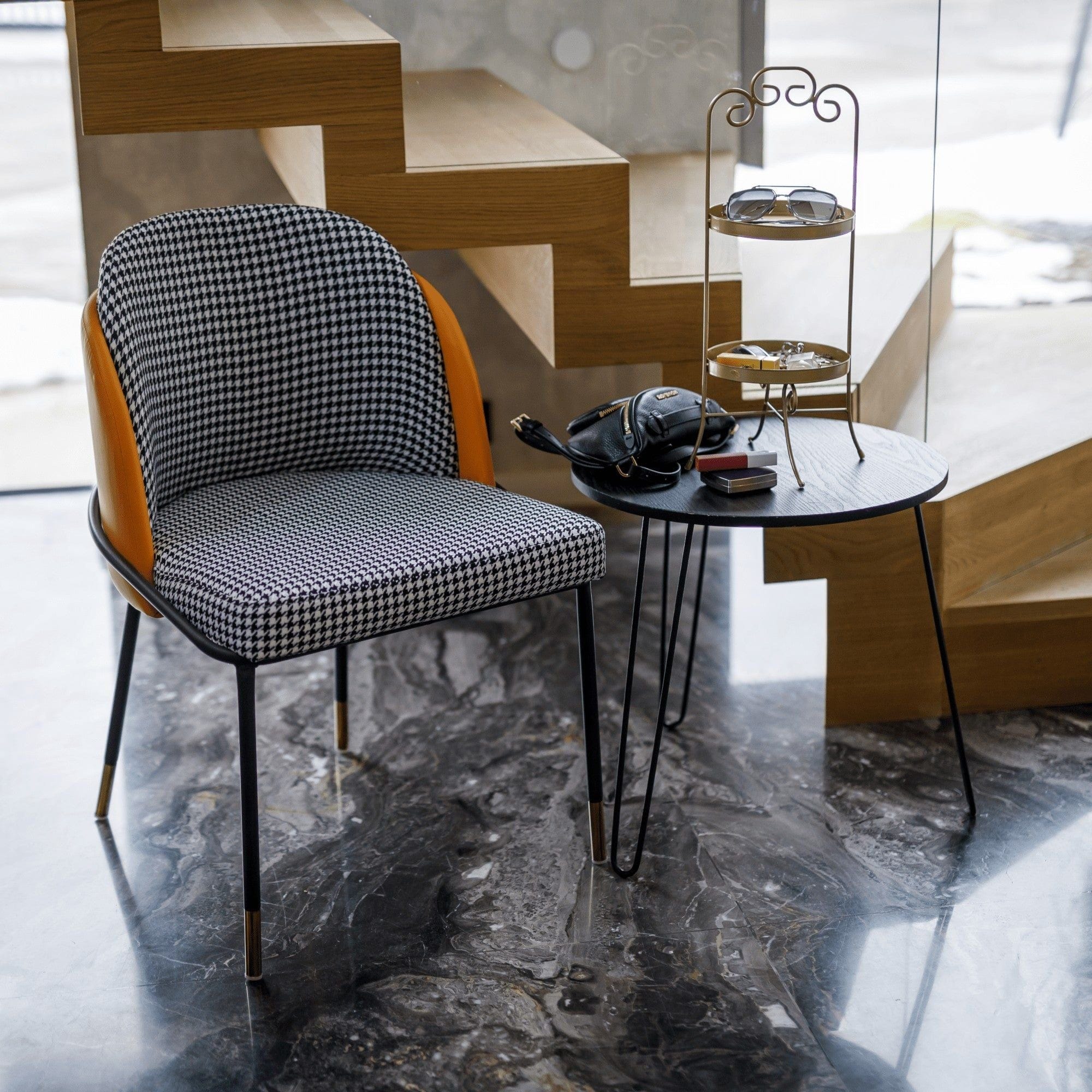 Scaun KIRNA, alb/negru/galben, stofa clasica/piele ecologica, 54x56x78 cm