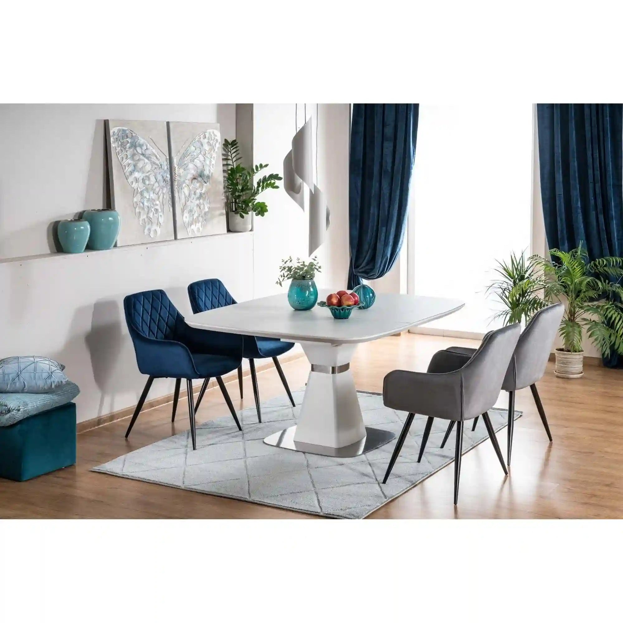 Scaun LINEA, albastru/negru, stofa catifelata/metal, 43x43x82 cm