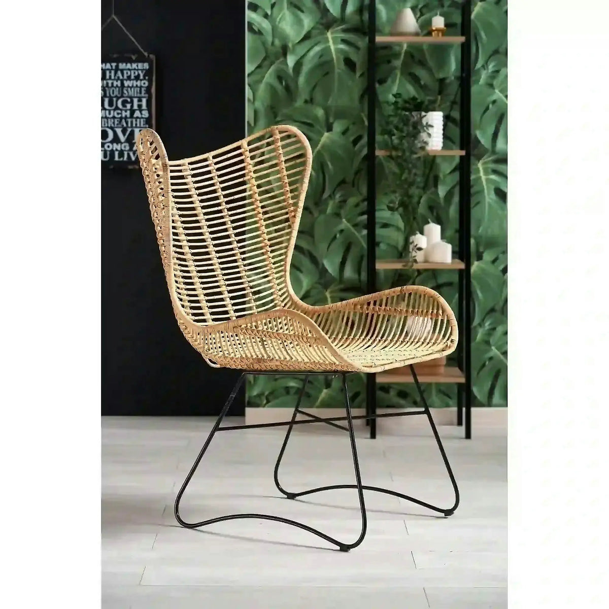 Scaun living Indiana, stejar/negru, ratan natural/metal, 69X70X103 CM