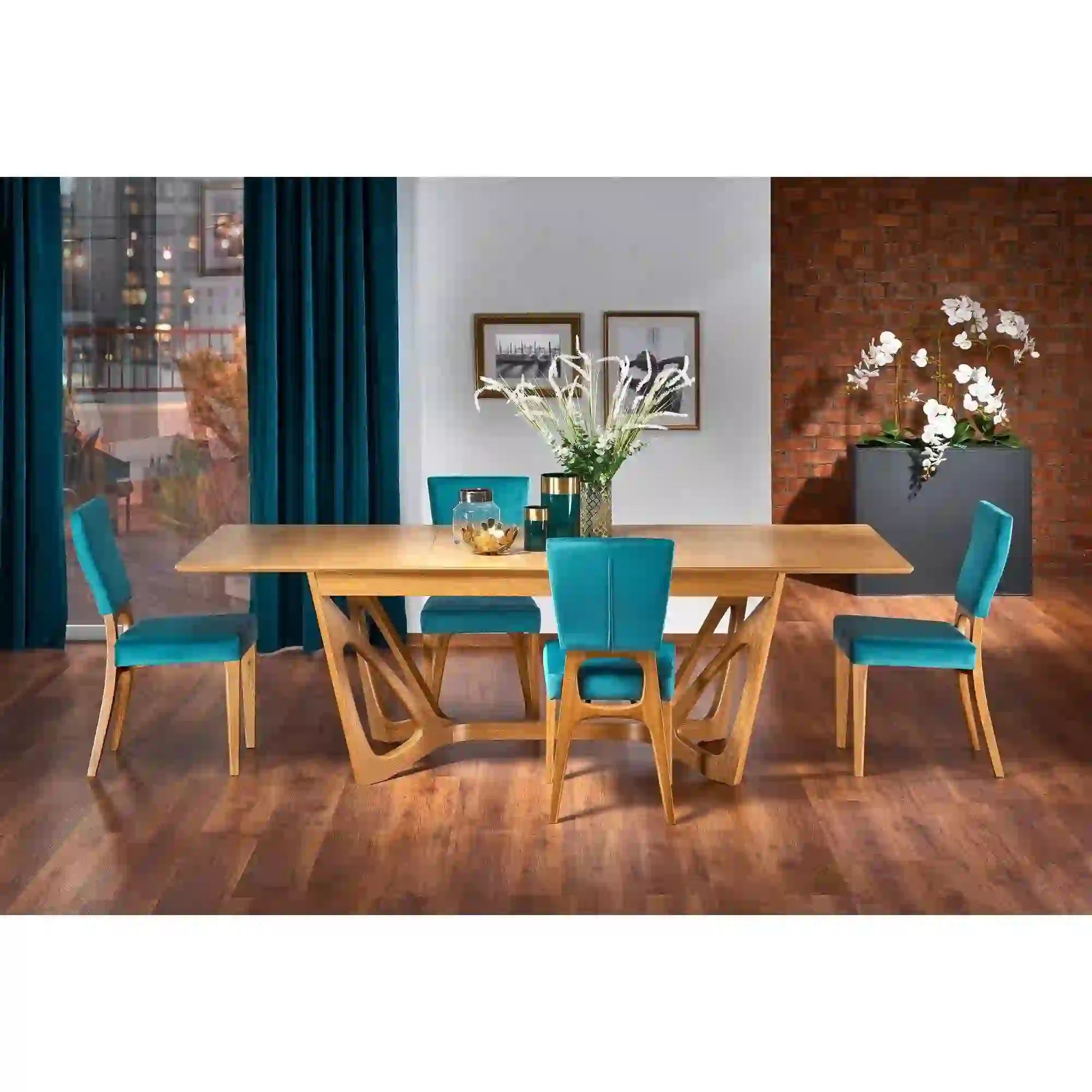 Scaun living WENANTY, albastru/stejar, stofa clasica/lemn, 43x56x91 cm