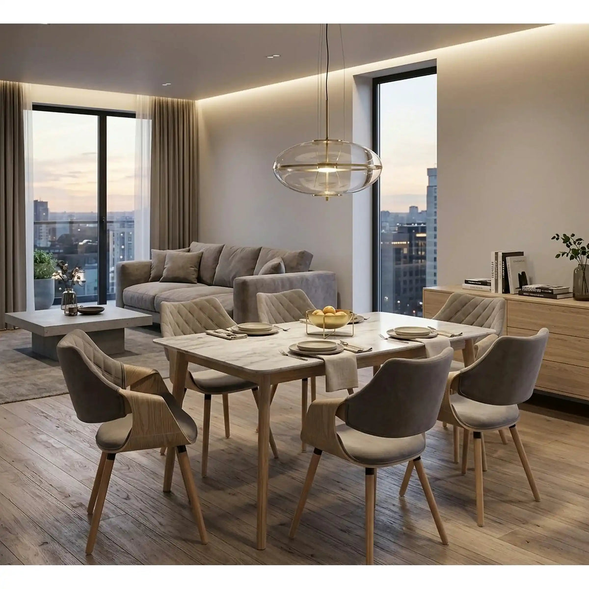 Scaun modern dining K396, stejar/gri, stofa catifelata/placaj, 56x55x77 cm