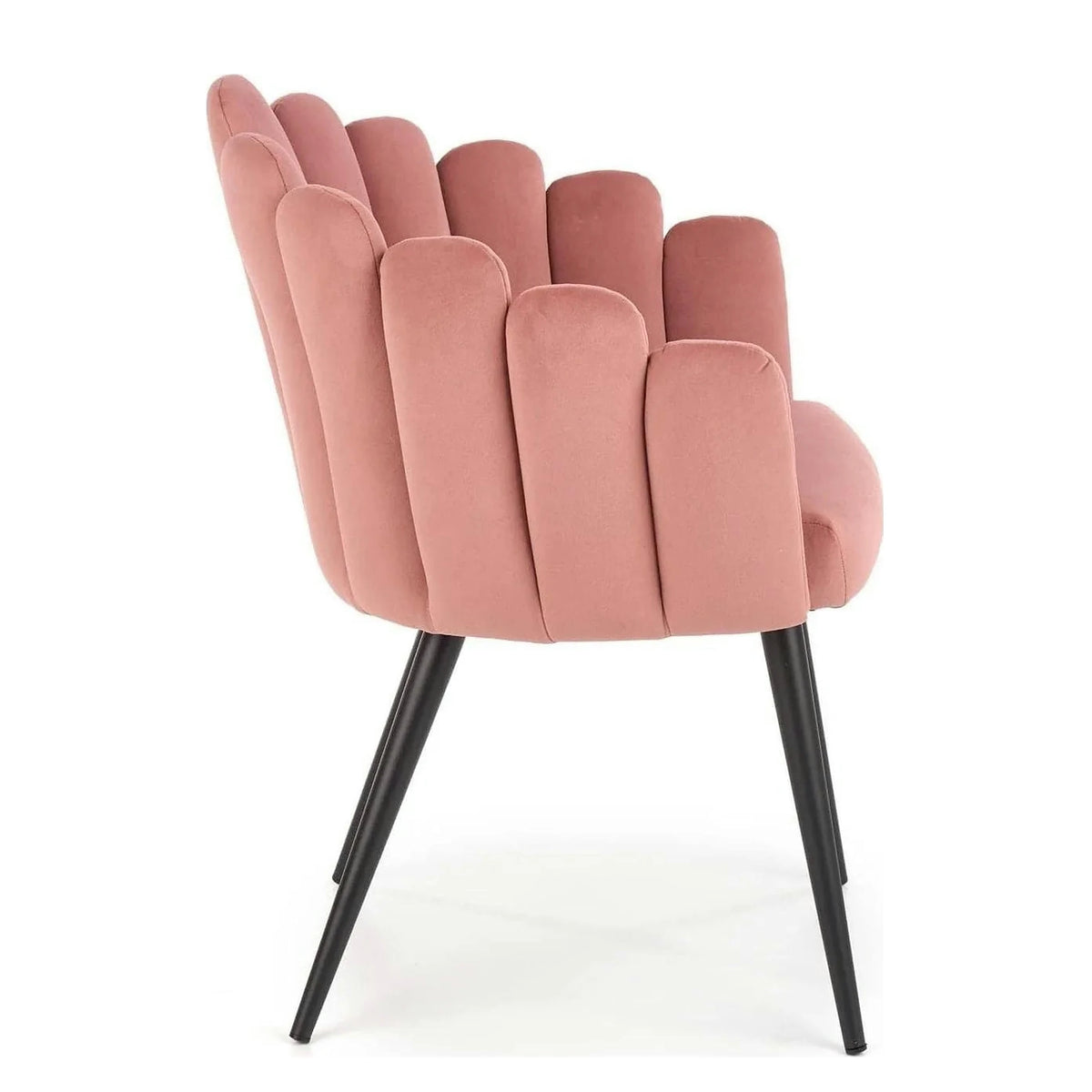Scaun modern tapitat K410, roz/negru, stofa catifelat/metal, 65x62x85 cm