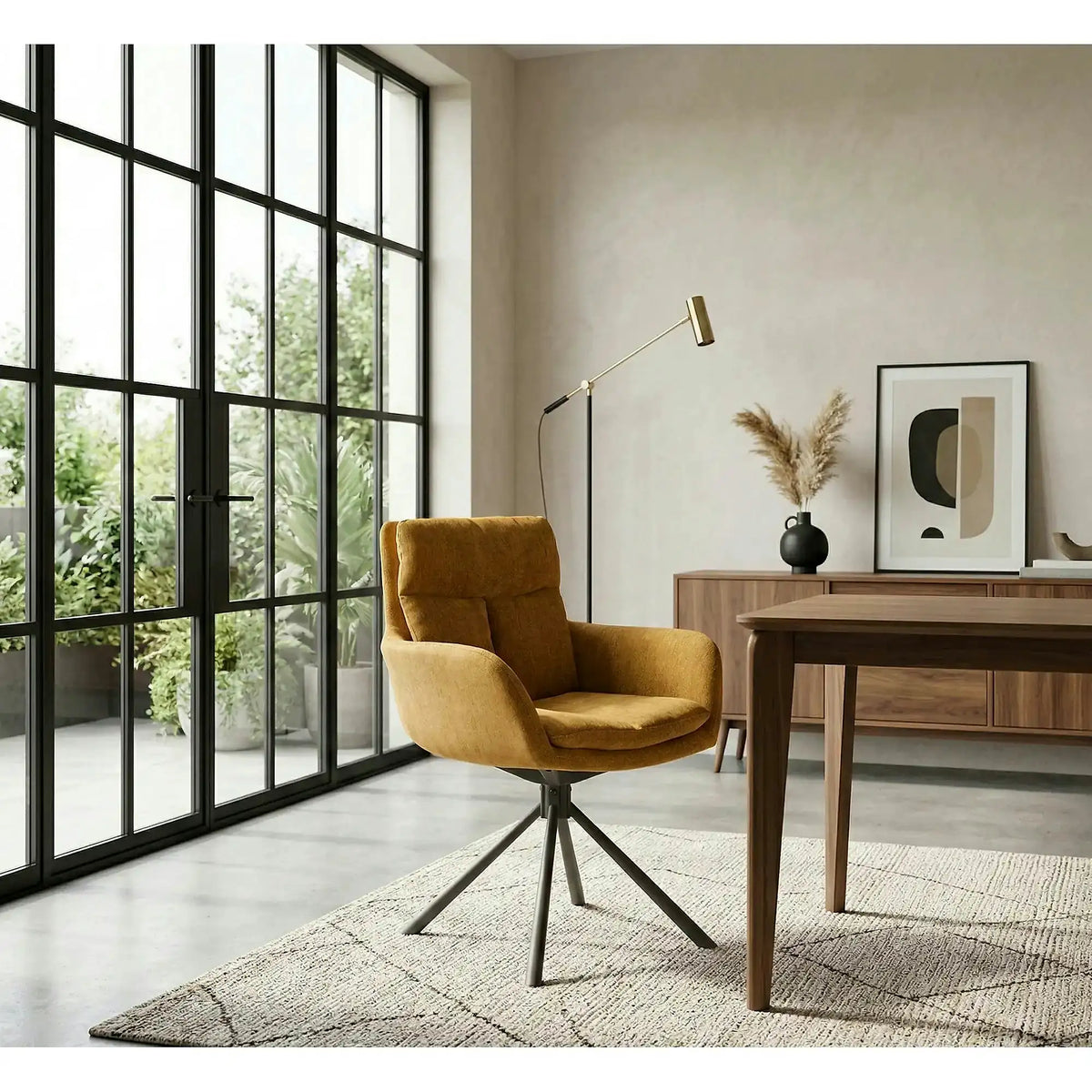 Scaun pentru living rotativ K495, galben/negru, stofa clasica/metal, 60x65x87 cm