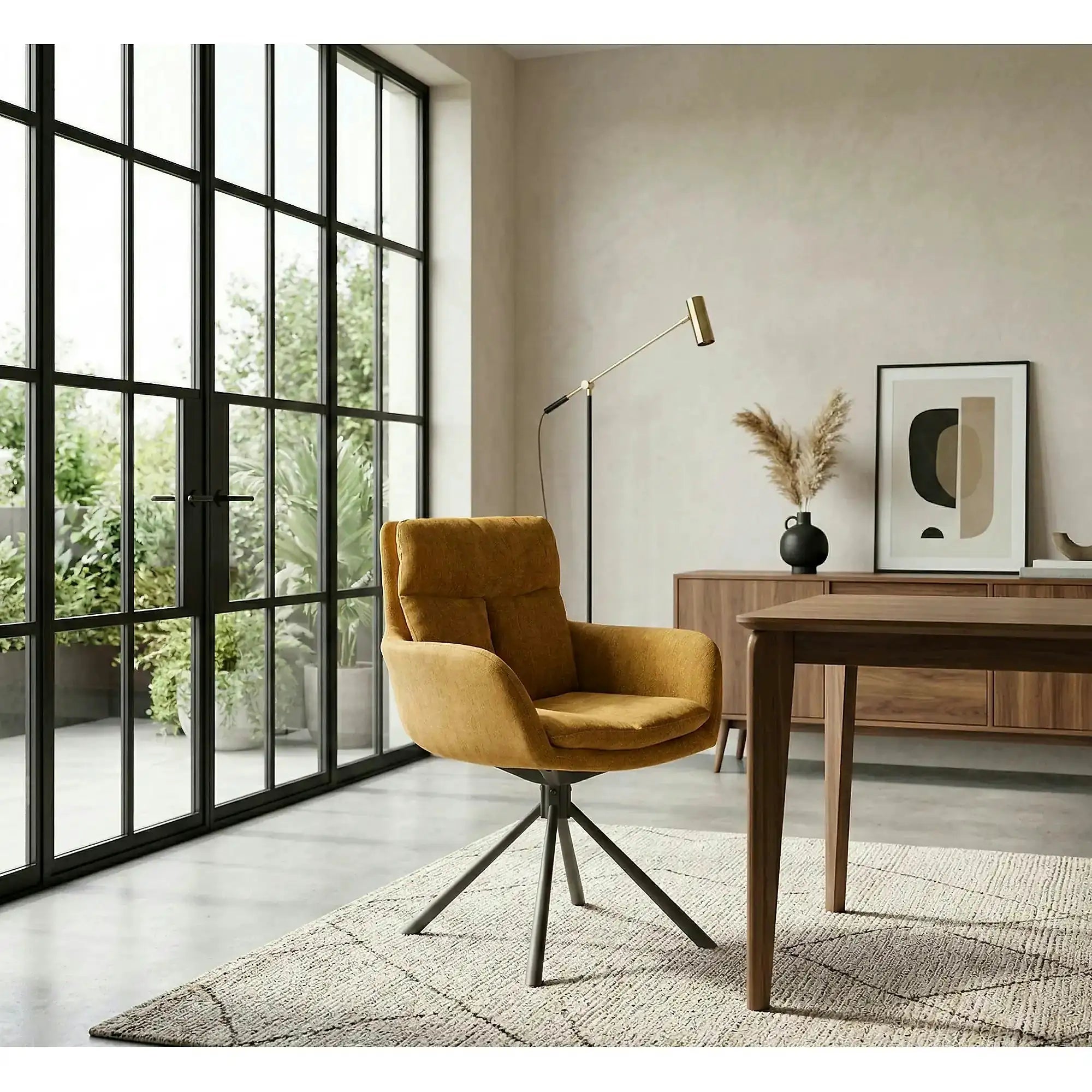 Scaun pentru living rotativ K495, galben/negru, stofa clasica/metal, 60x65x87 cm