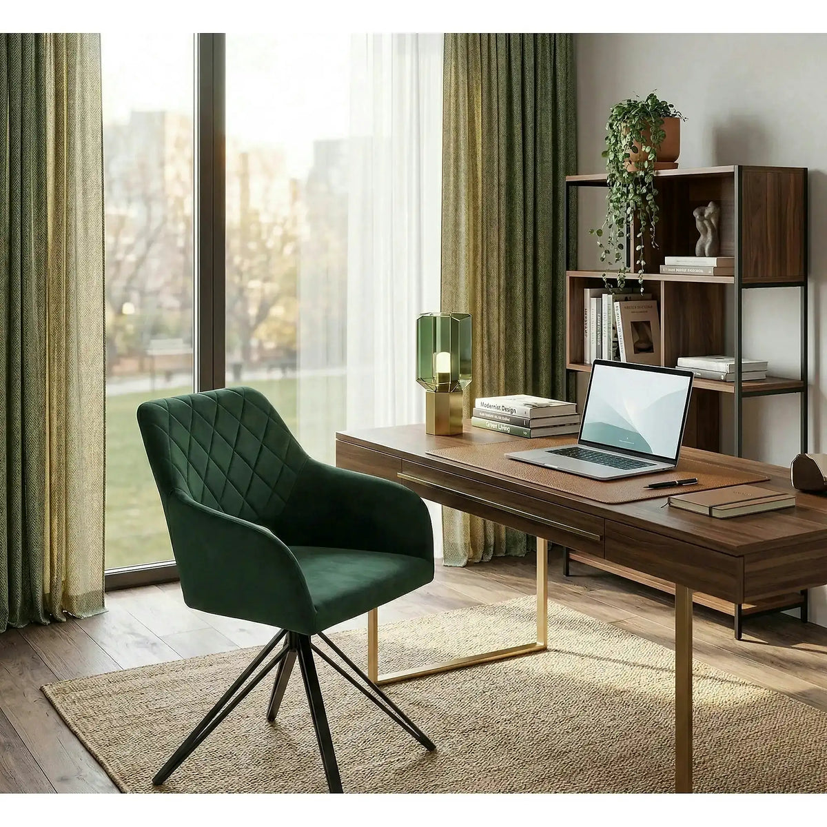 Scaun rotativ K535, verde inchis/negru, stofa catifelata/metal, 57x60x86 cm