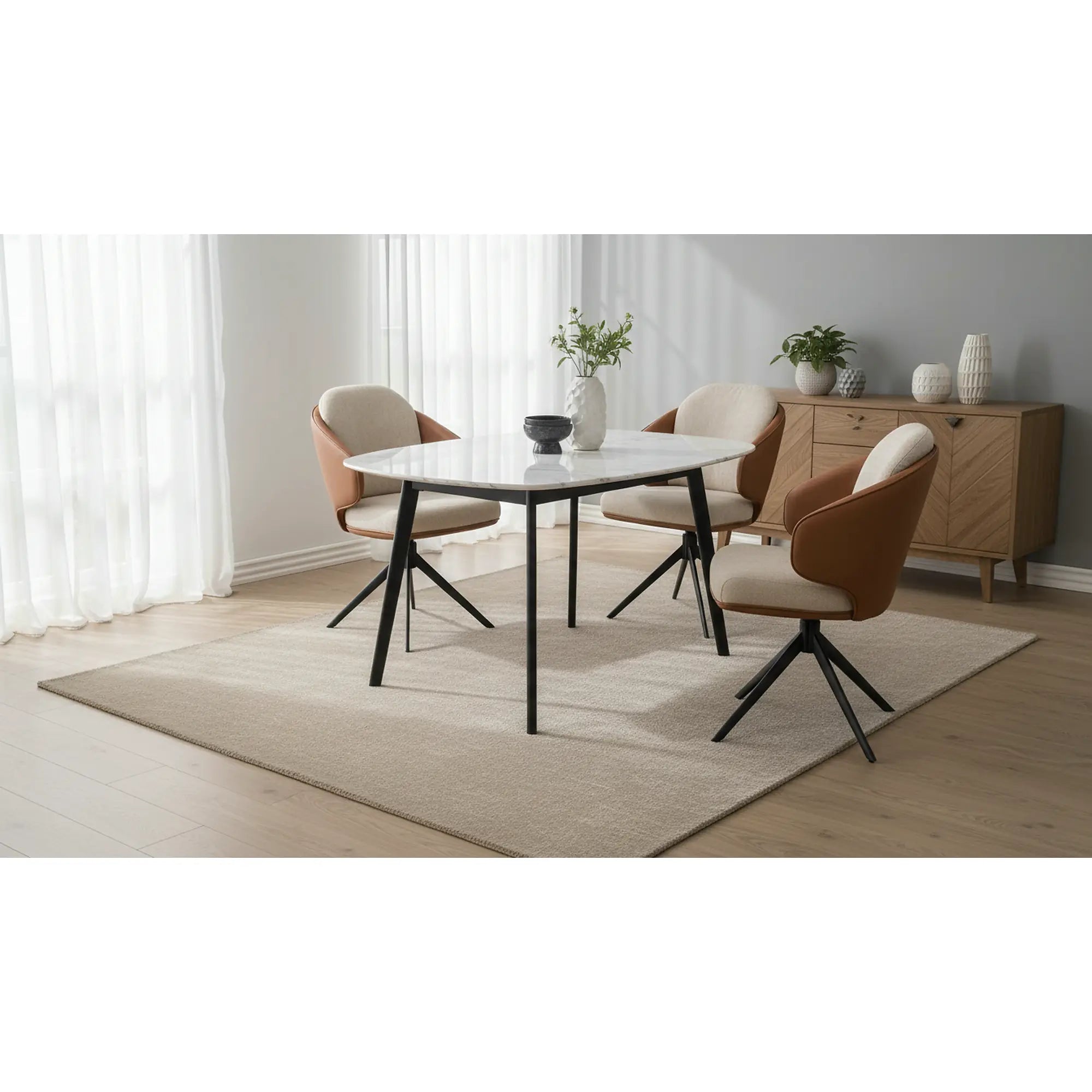 Scaun rotativ K554, maro/bej/negru, stofa clasica/piele ecologica/metal, 58x67x90 cm