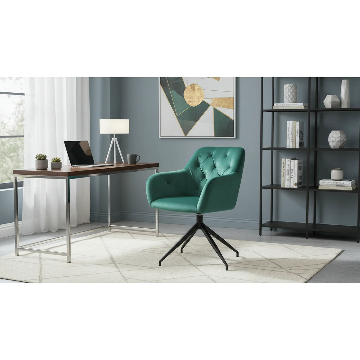 Scaun rotativ VELEZA NEW, verde/negru, stofa catifelata/metal, 66x66x83 cm