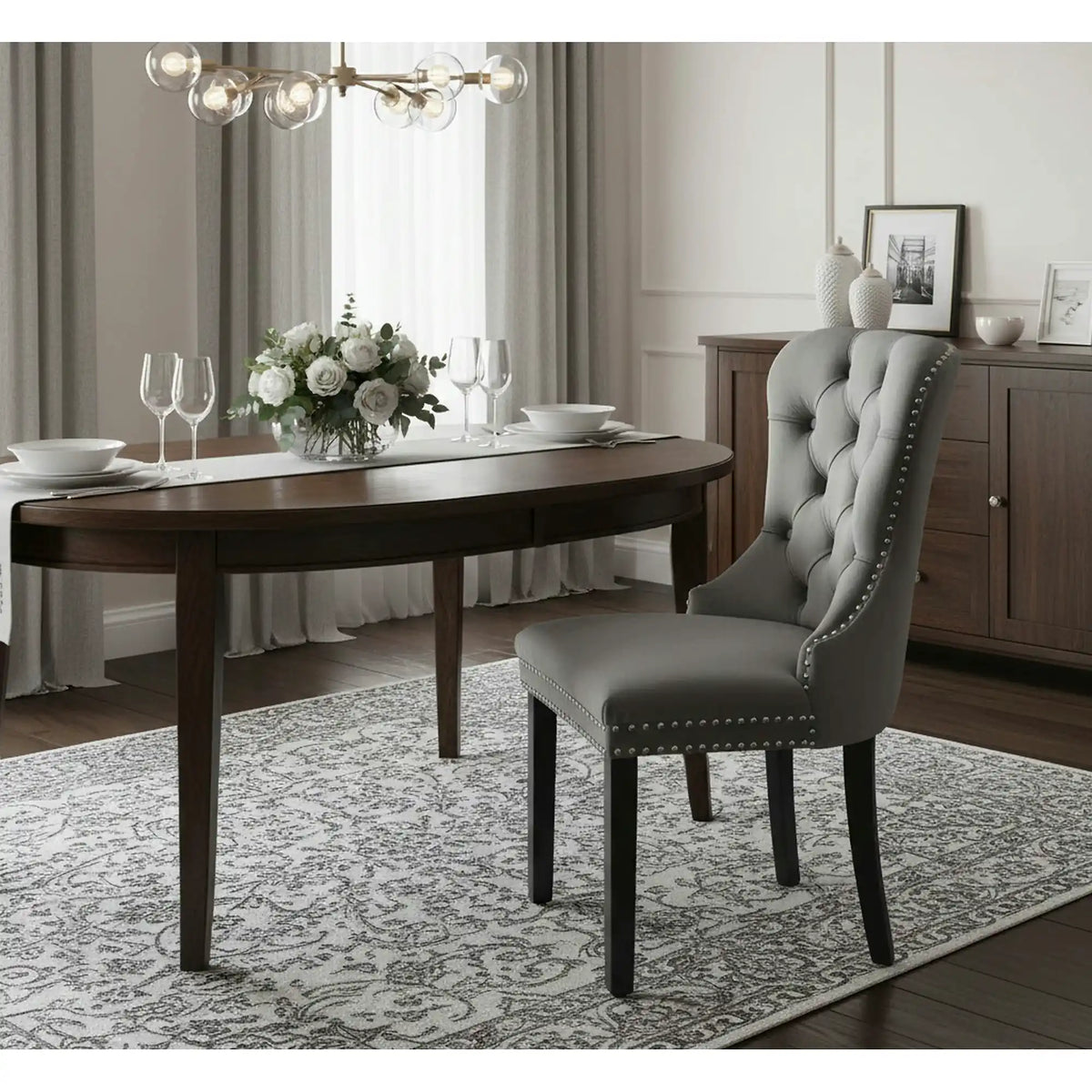 Scaun tapitat dining MIYA, gri/negru, stofa catifelata, 54x60x100 cm