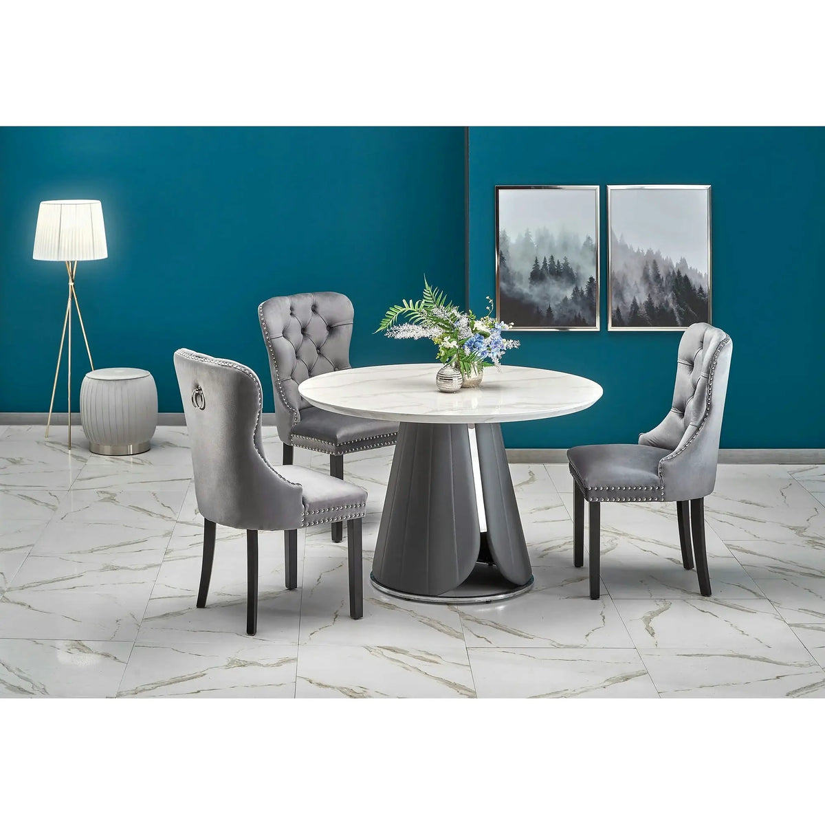 Scaun tapitat dining MIYA, gri/negru, stofa catifelata, 54x60x100 cm