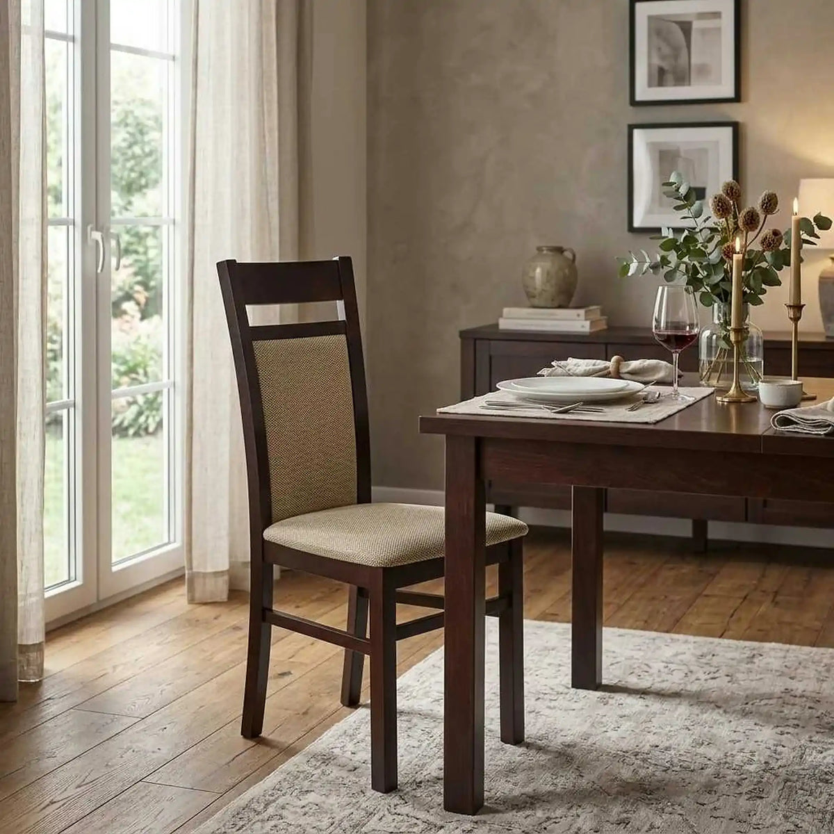 Scaun tapitat Gerard 2, bej/nuc inchis, stofa clasica/lemn de fag, 44X55X97 CM