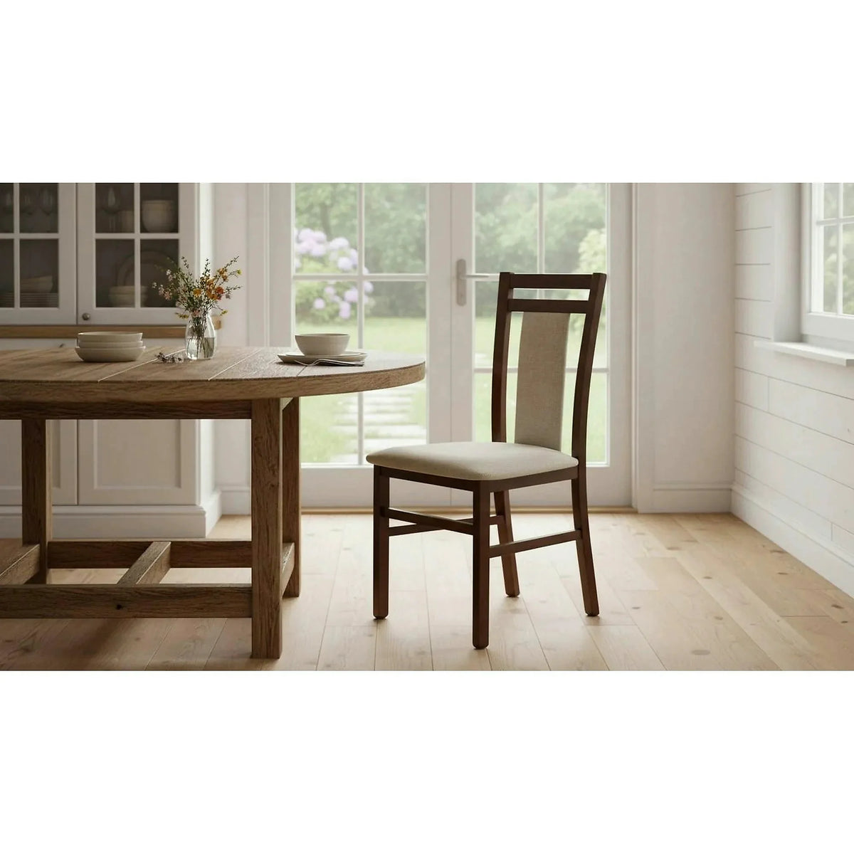 Scaun tapitat HUBERT 8, bej/nuc, stofa clasica/lemn, 45x51x90 cm