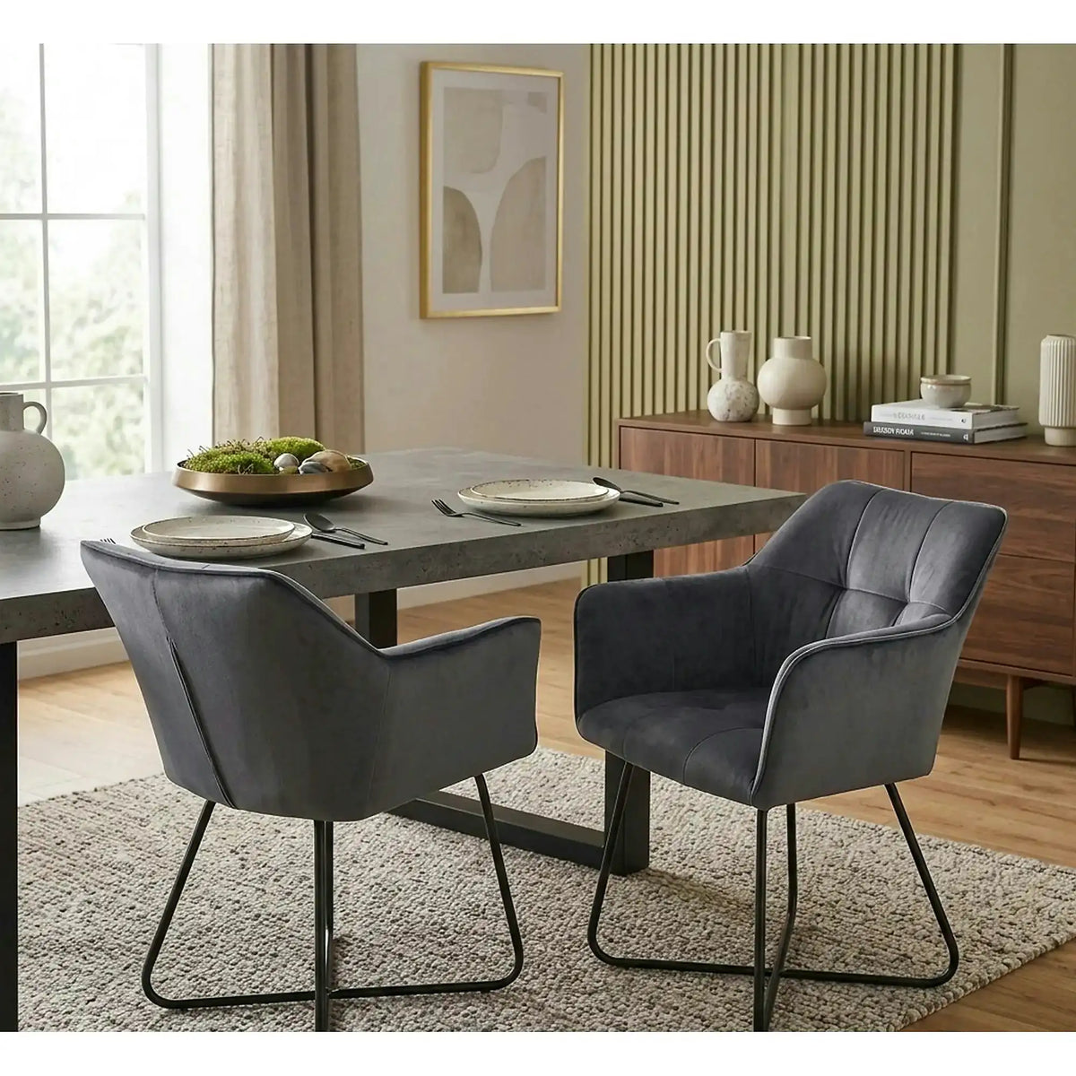 Scaun tapitat K377, gri inchis/negru, stofa catifelata/metal, 60x62x81 cm