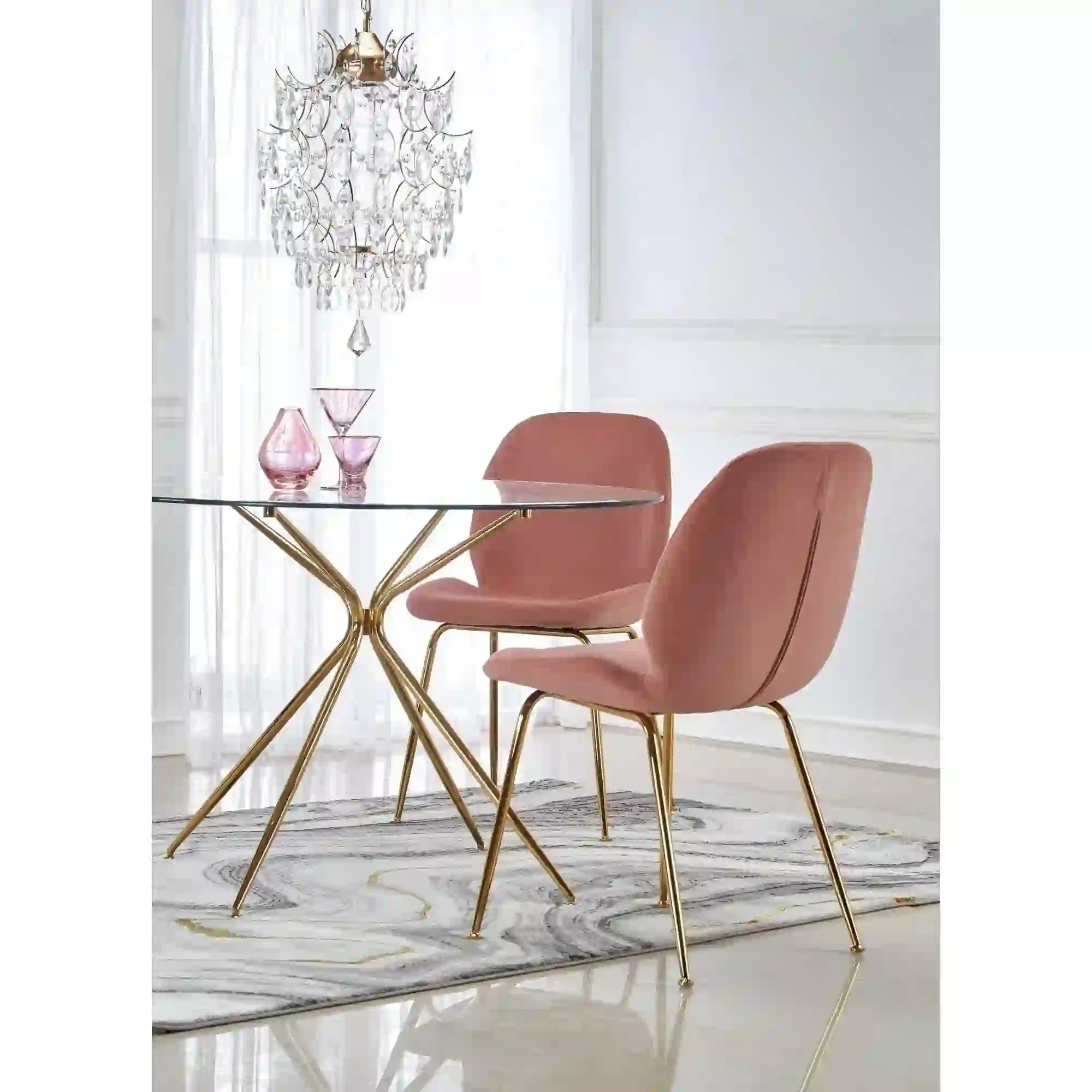 Scaun tapitat K381, roz deschis/auriu, stofa catifelata/metal, 48x58x88 cm