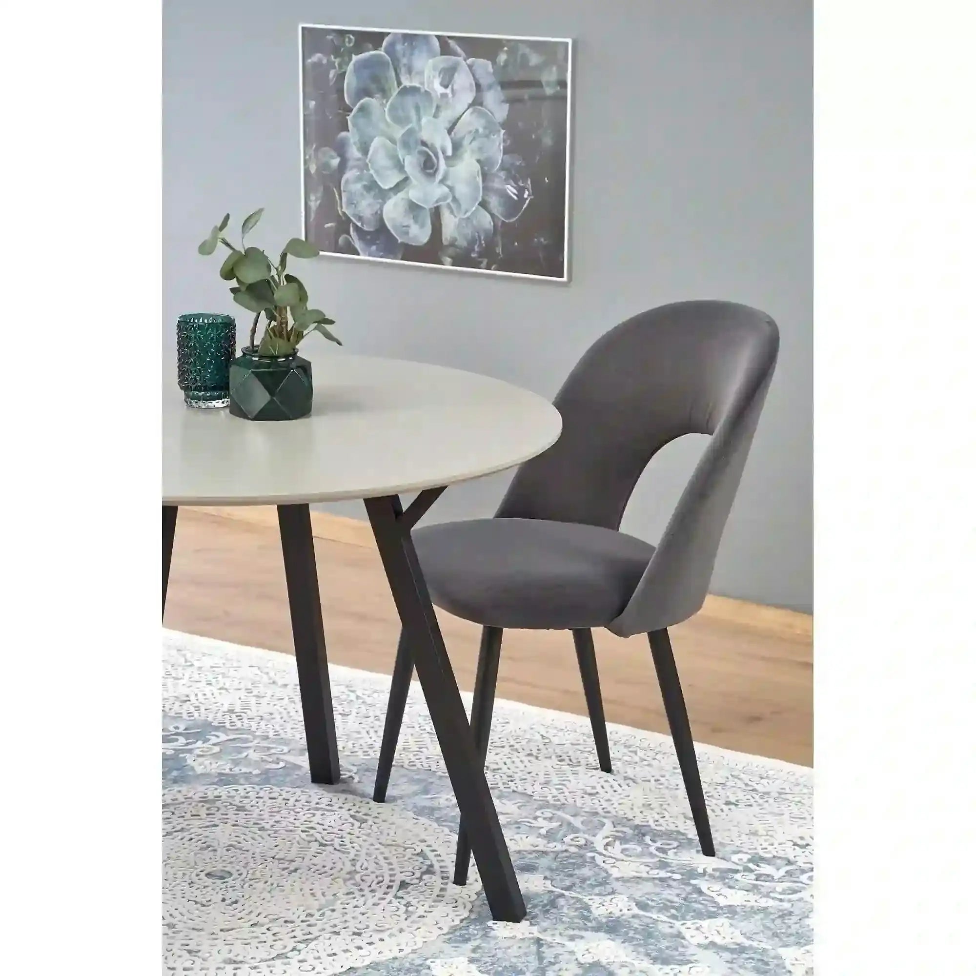 Scaun tapitat K384, gri/negru, stofa catifelata/metal, 54x57x84 cm