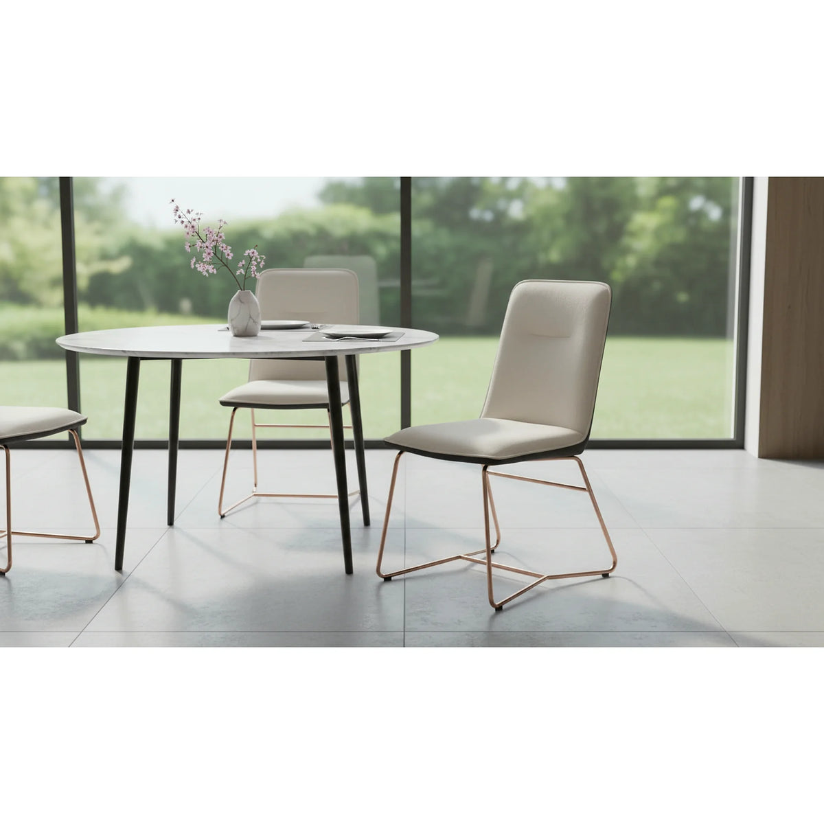Scaun tapitat K390, crem/gri inchis/roz auriu, stofa/piele ecologica/metal, 46x60x90 cm
