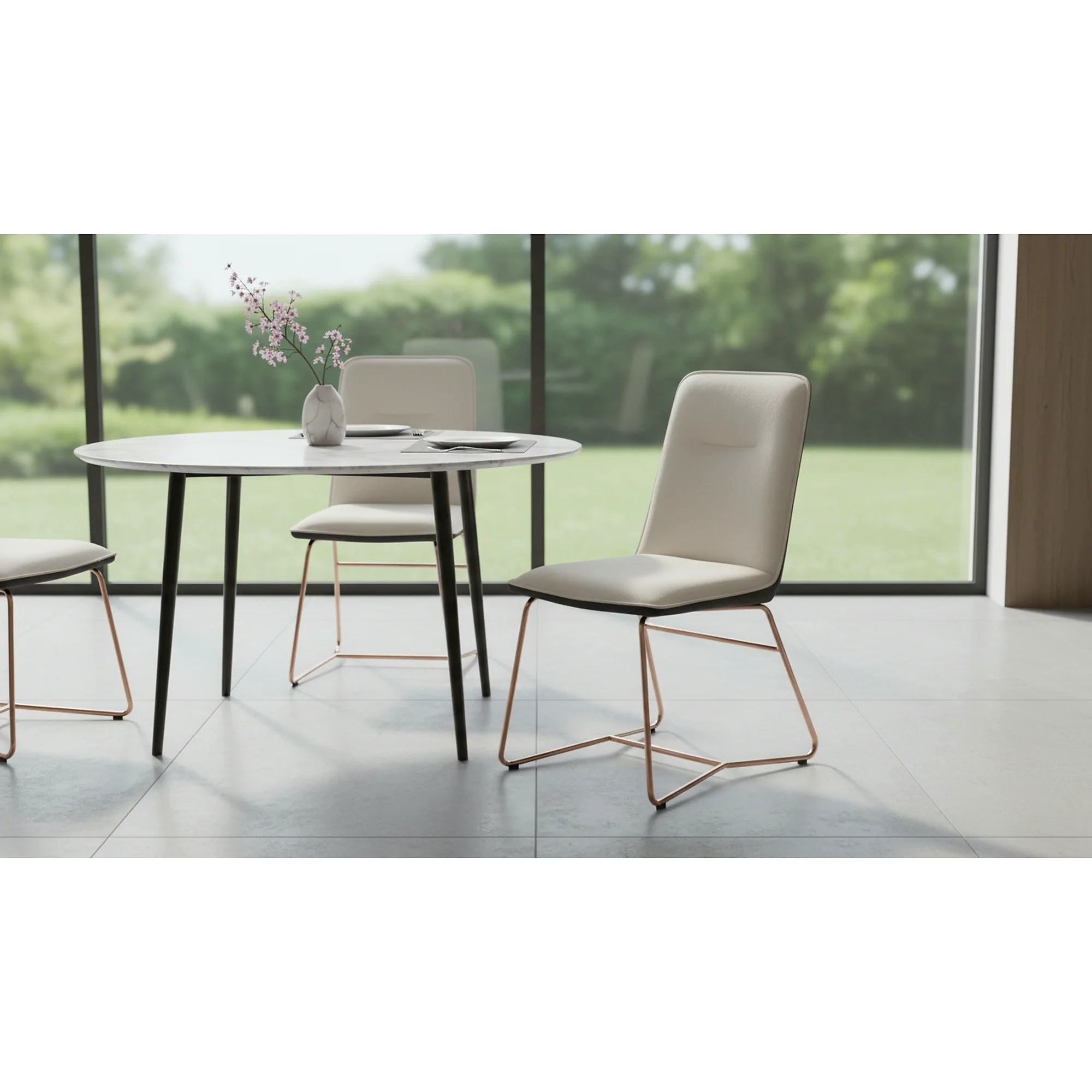 Scaun tapitat K390, crem/gri inchis/roz auriu, stofa/piele ecologica/metal, 46x60x90 cm