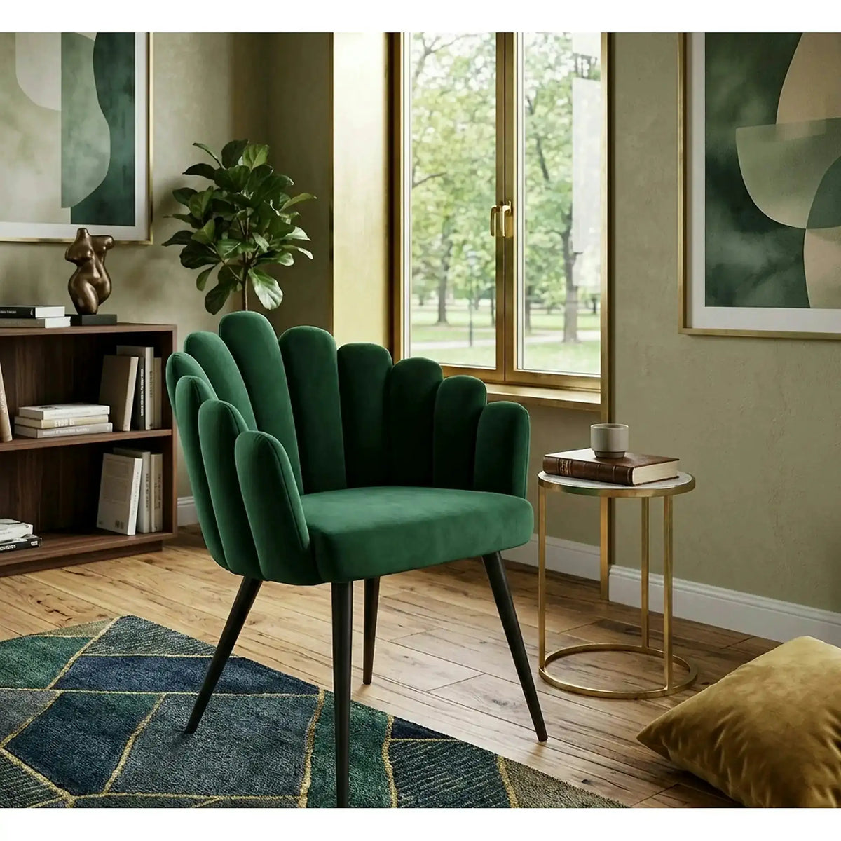 Scaun tapitat K410, verde/negru, stofa catifelata/metal, 65x62x85 cm