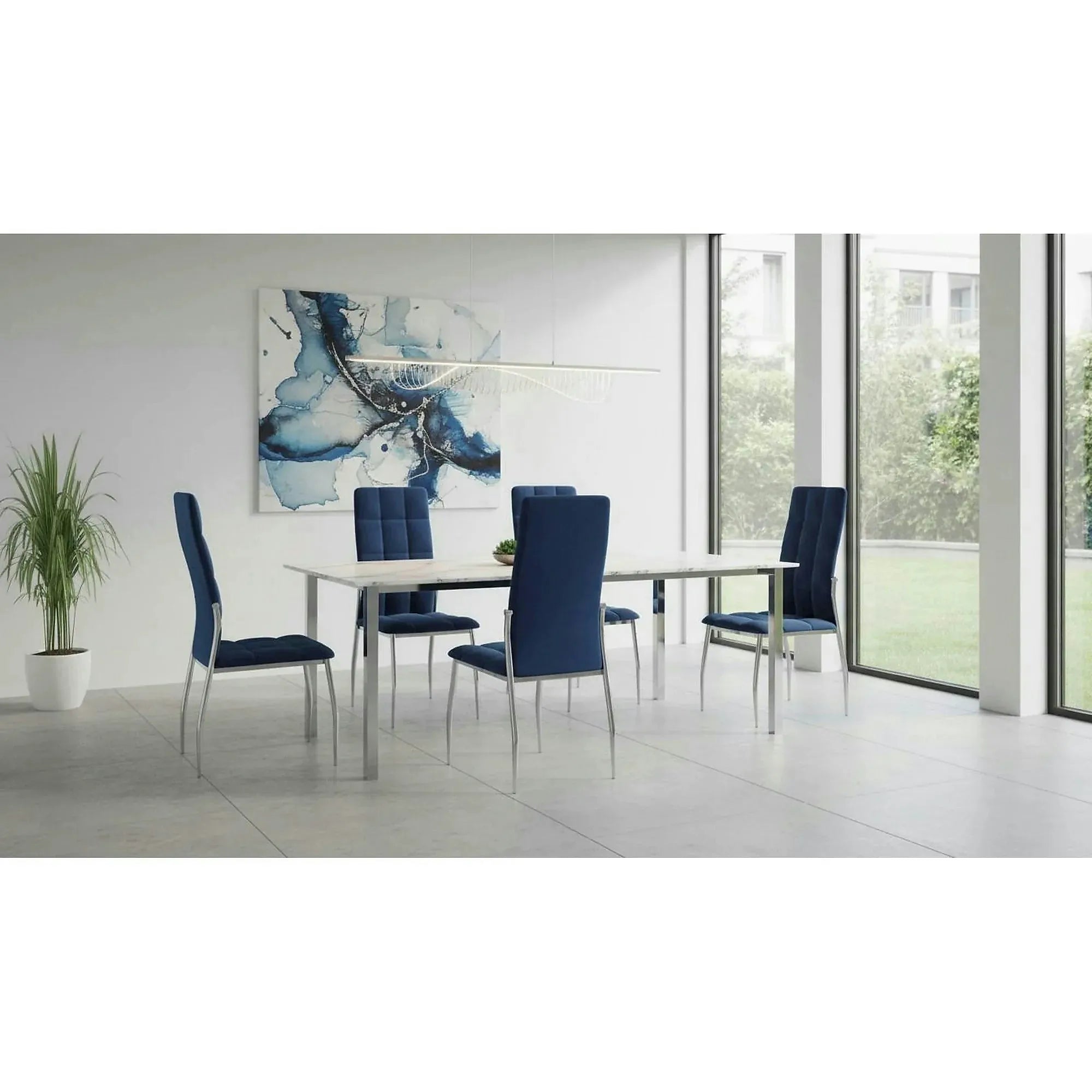 Scaun tapitat K416, albastru/negru, stofa catifelata/metal, 43x54x101 cm