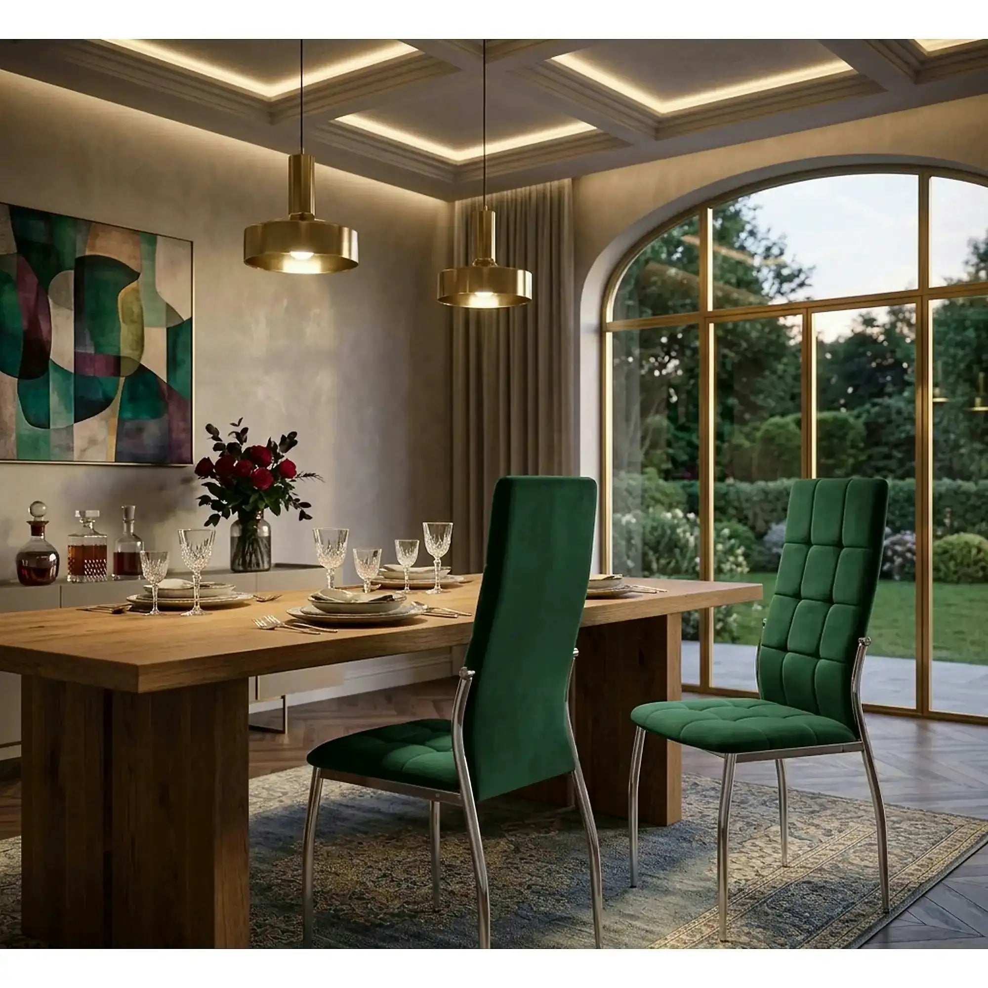 Scaun tapitat K416, verde inchis/crom, stofa catifelata/metal, 43x54x101 cm
