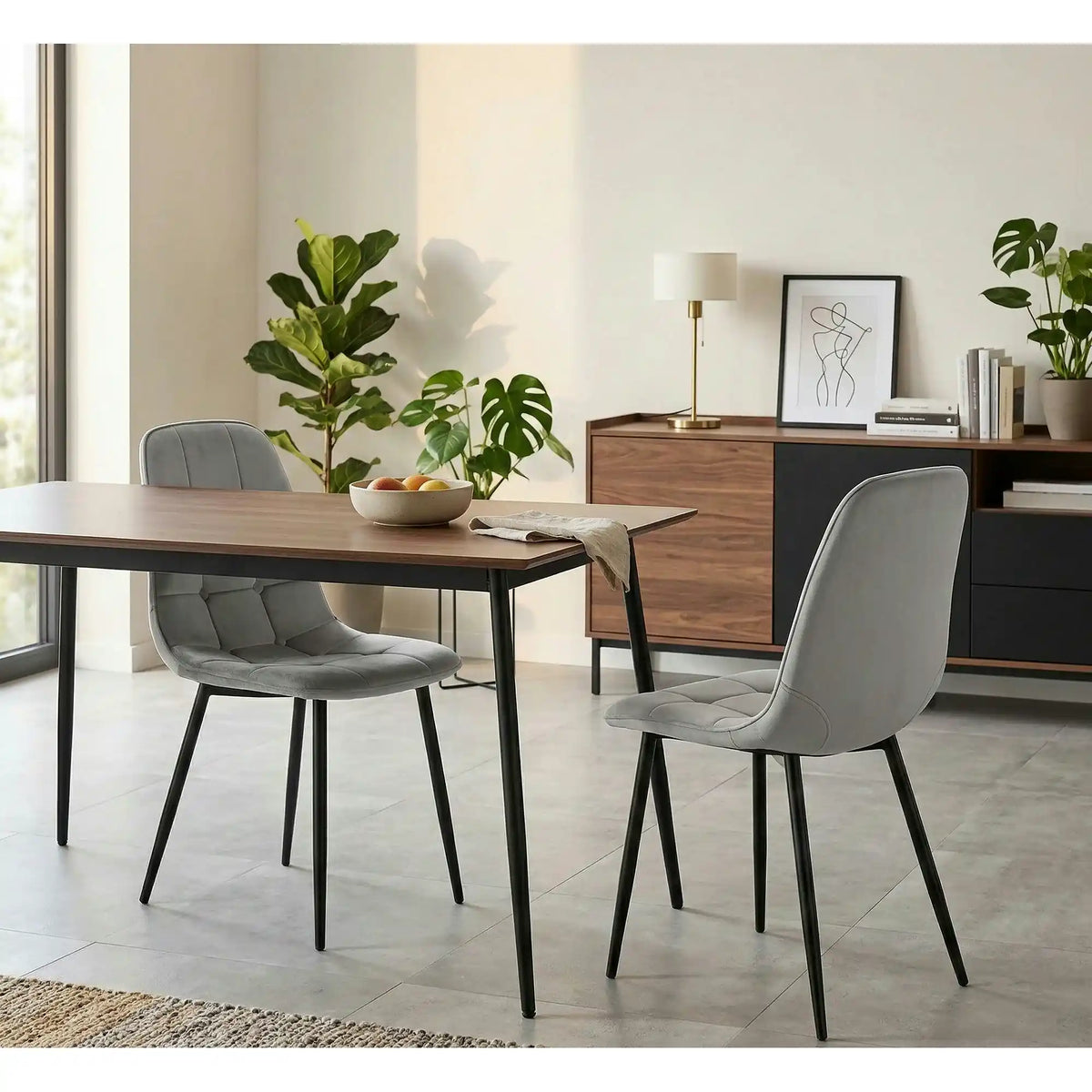 Scaun tapitat K417, gri/negru, stofa catifelata/metal, 46x56x87 cm