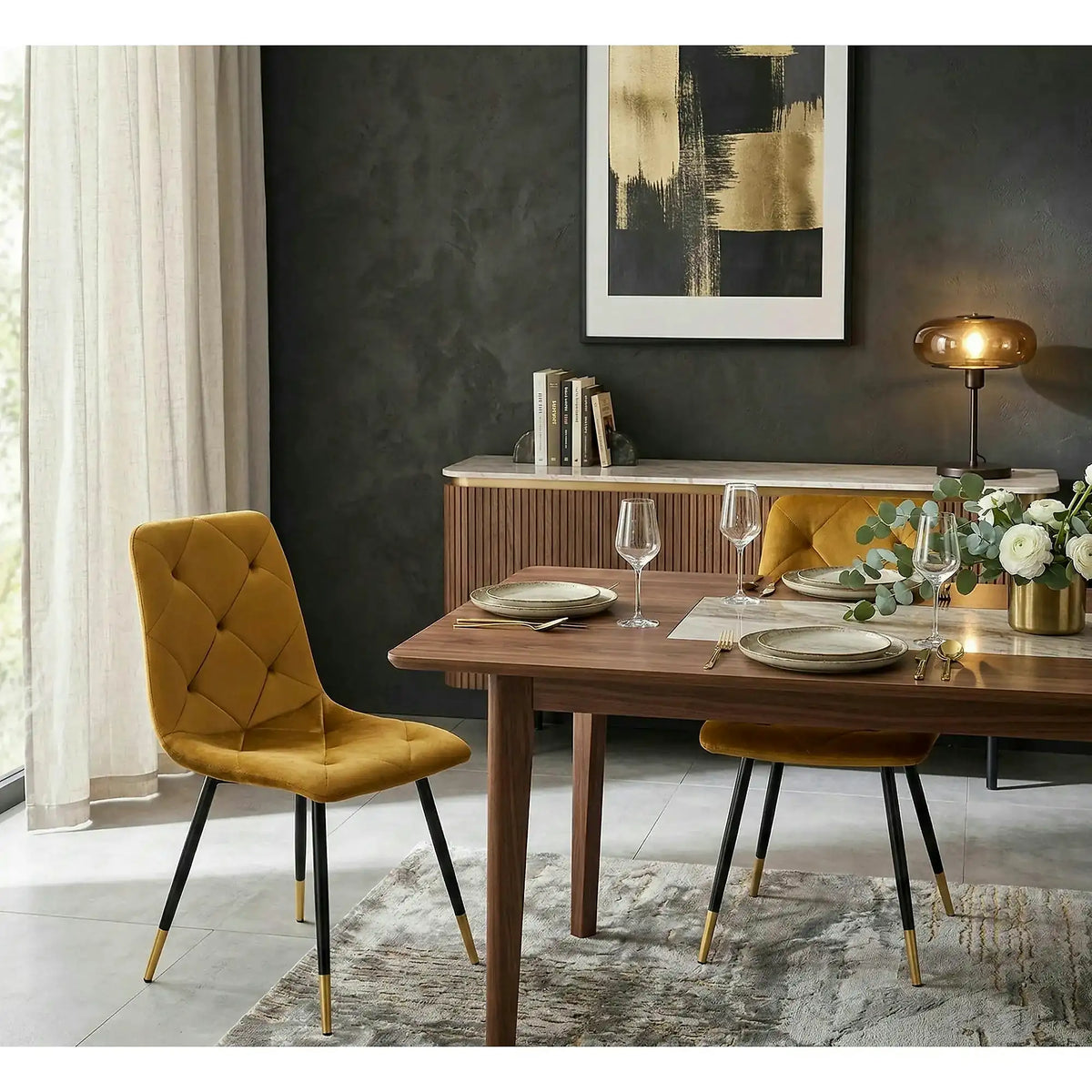Scaun tapitat K438, galben, stofa catifelata, 45x50x86 cm