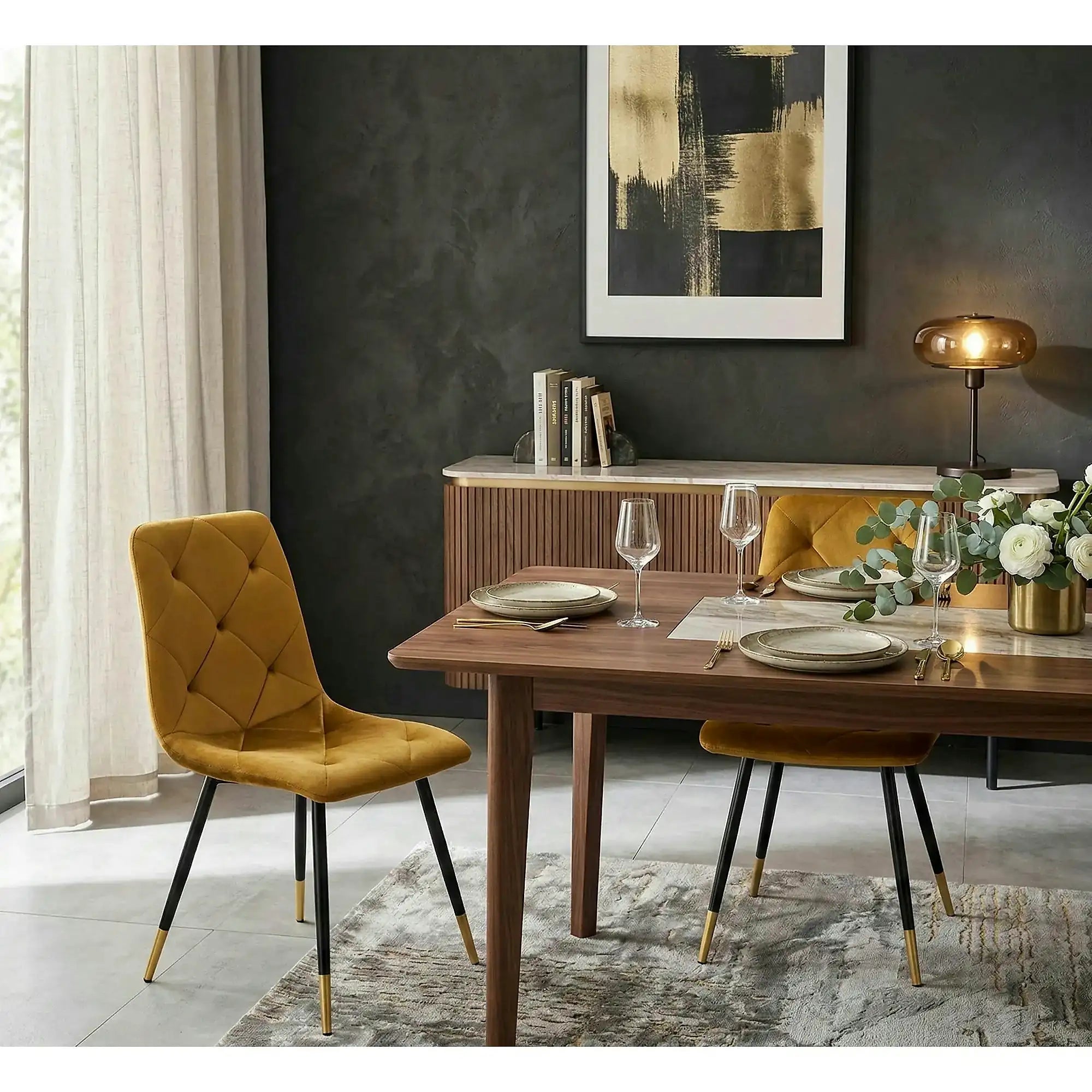 Scaun tapitat K438, galben, stofa catifelata, 45x50x86 cm