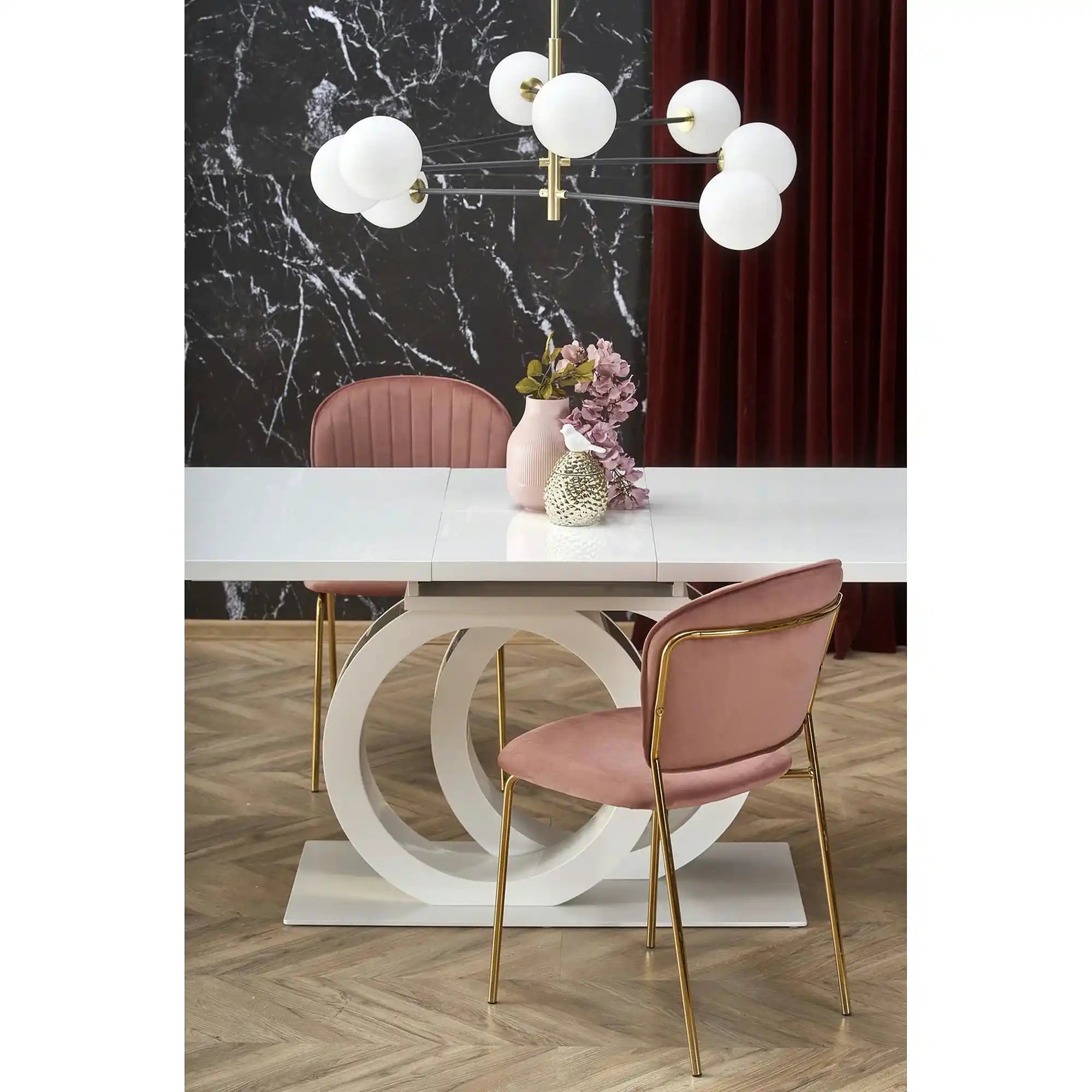 Scaun tapitat K499, roz/auriu, stofa catifelata, 47x56x85 cm