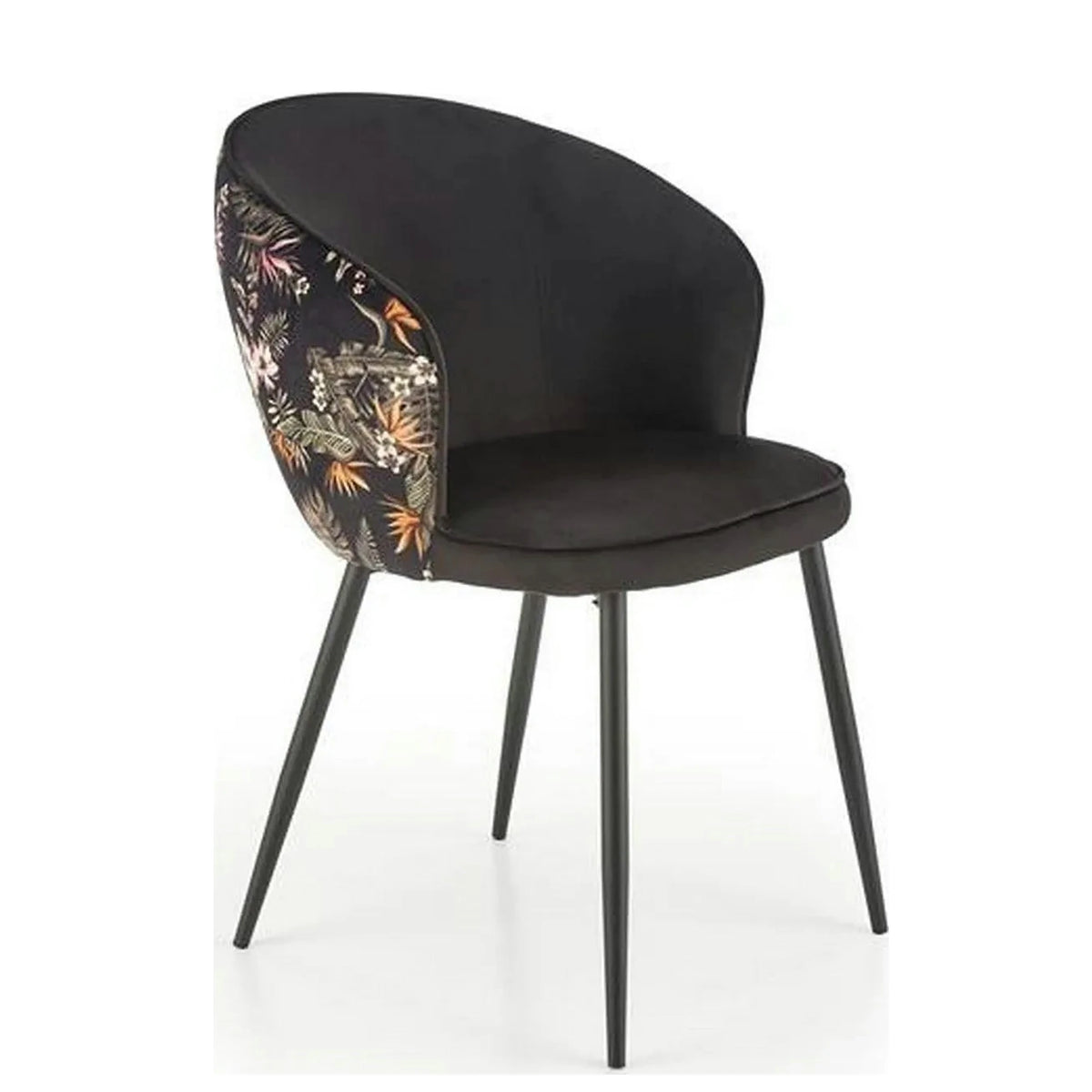 Scaun tapitat K506, negru, cu imprimeu floral, stofa catifelata, 55x60x82 cm