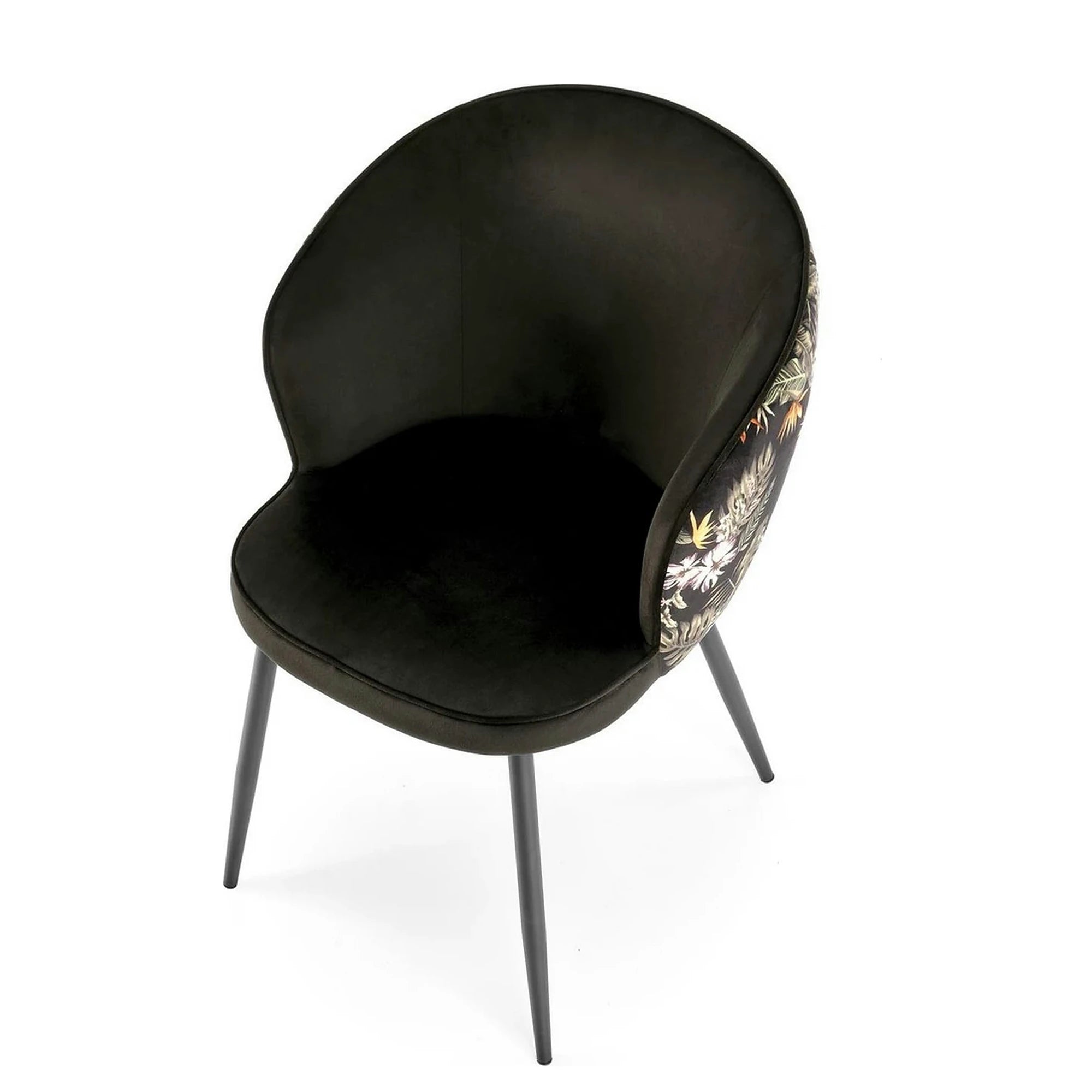 Scaun tapitat K506, negru, cu imprimeu floral, stofa catifelata, 55x60x82 cm
