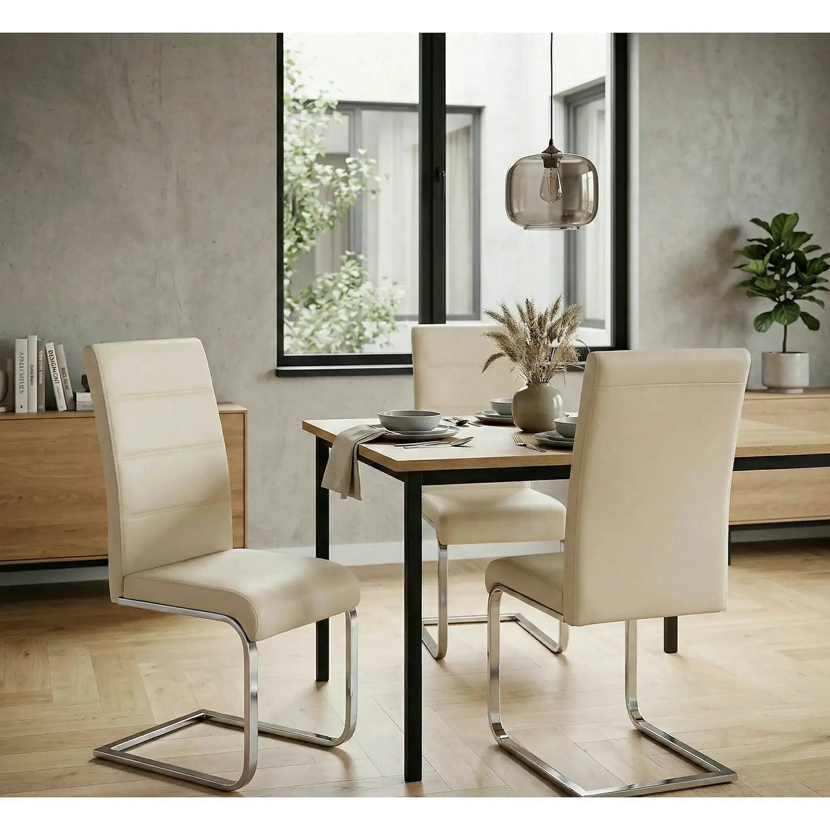 Scaun tapitat K85, crem/crom, metal/piele ecologica, 42X56X100 CM