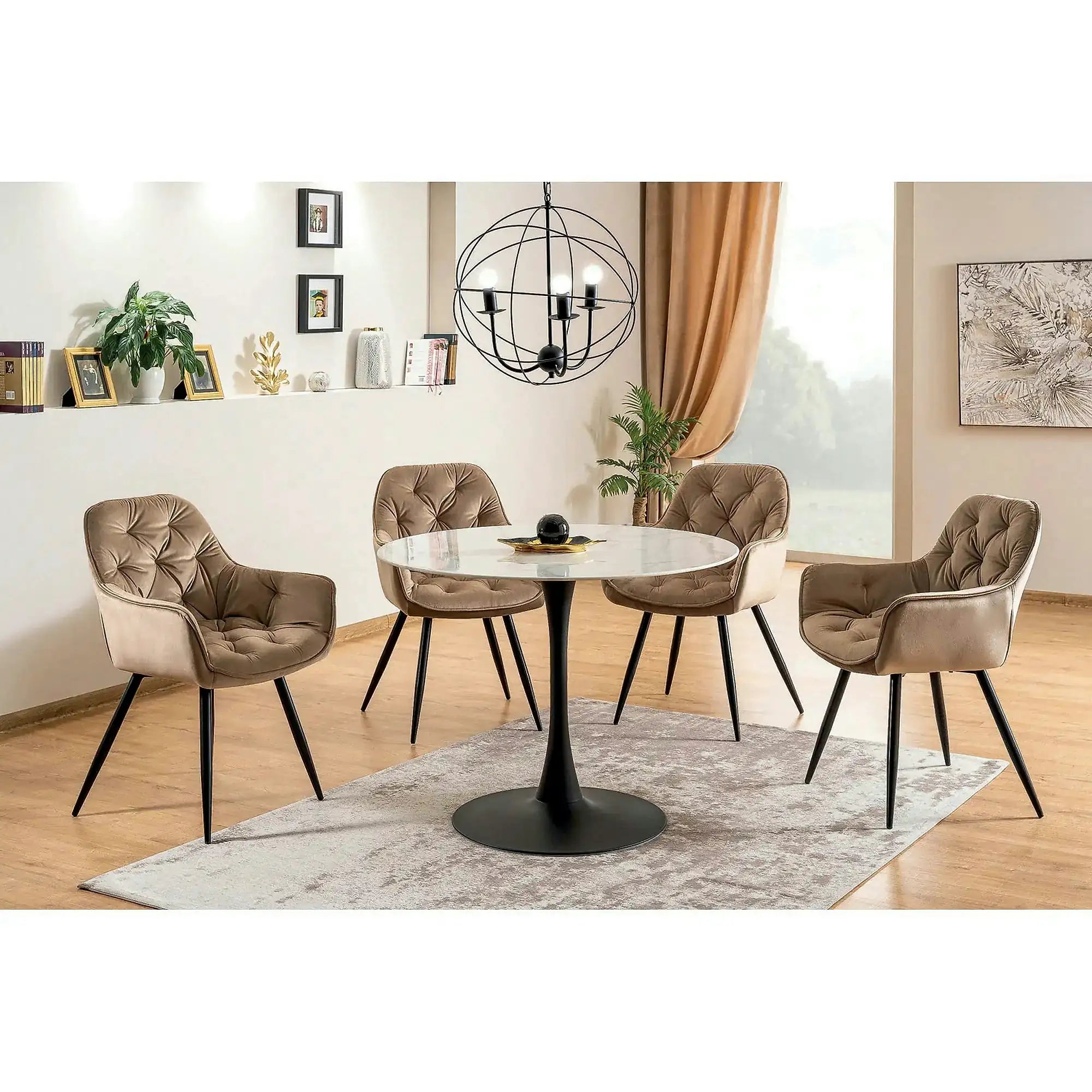 Scaun tapitat modern CHERRY, bej/negru, stofa catifelata/metal, 57x58x87 cm