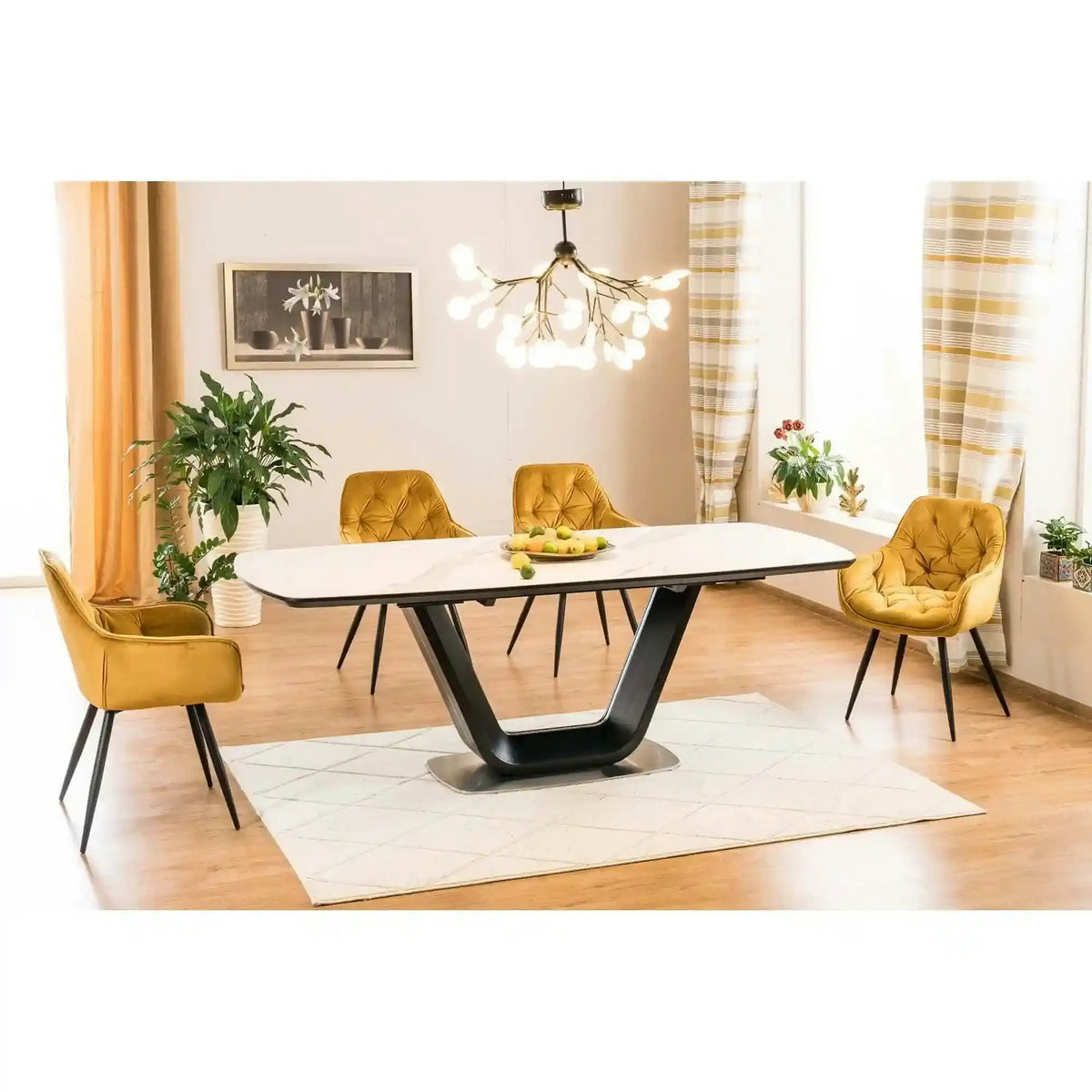 Scaun tapitat modern CHERRY, galben/negru, stofa catifelata/metal, 58x57x87 cm