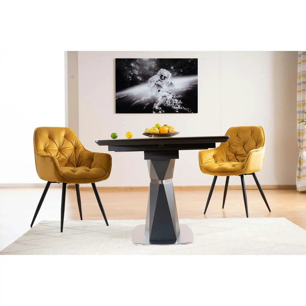 Scaun tapitat modern CHERRY, galben/negru, stofa catifelata/metal, 58x57x87 cm