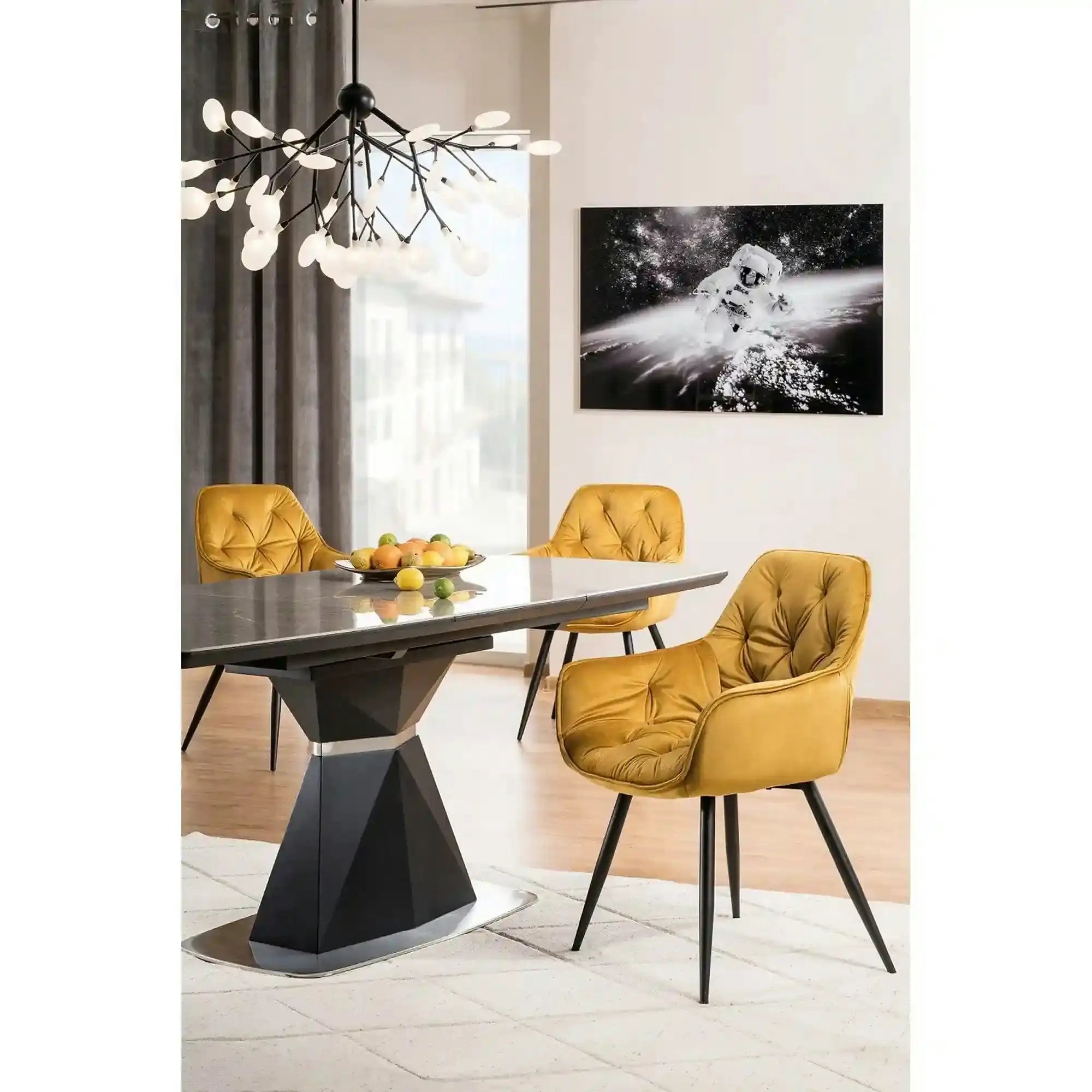 Scaun tapitat modern CHERRY, galben/negru, stofa catifelata/metal, 58x57x87 cm