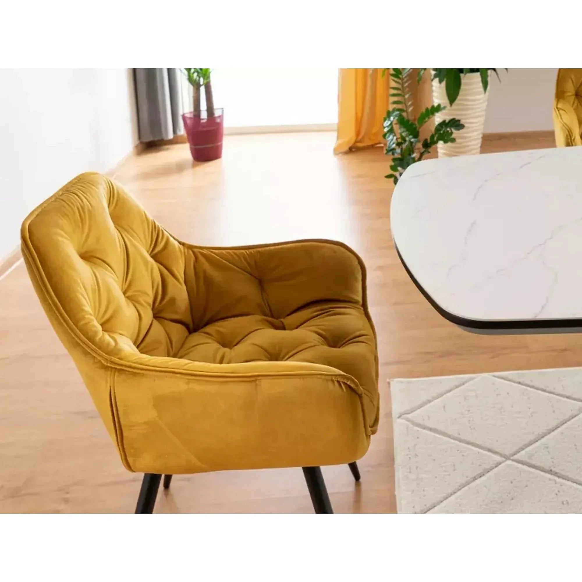 Scaun tapitat modern CHERRY, galben/negru, stofa catifelata/metal, 58x57x87 cm