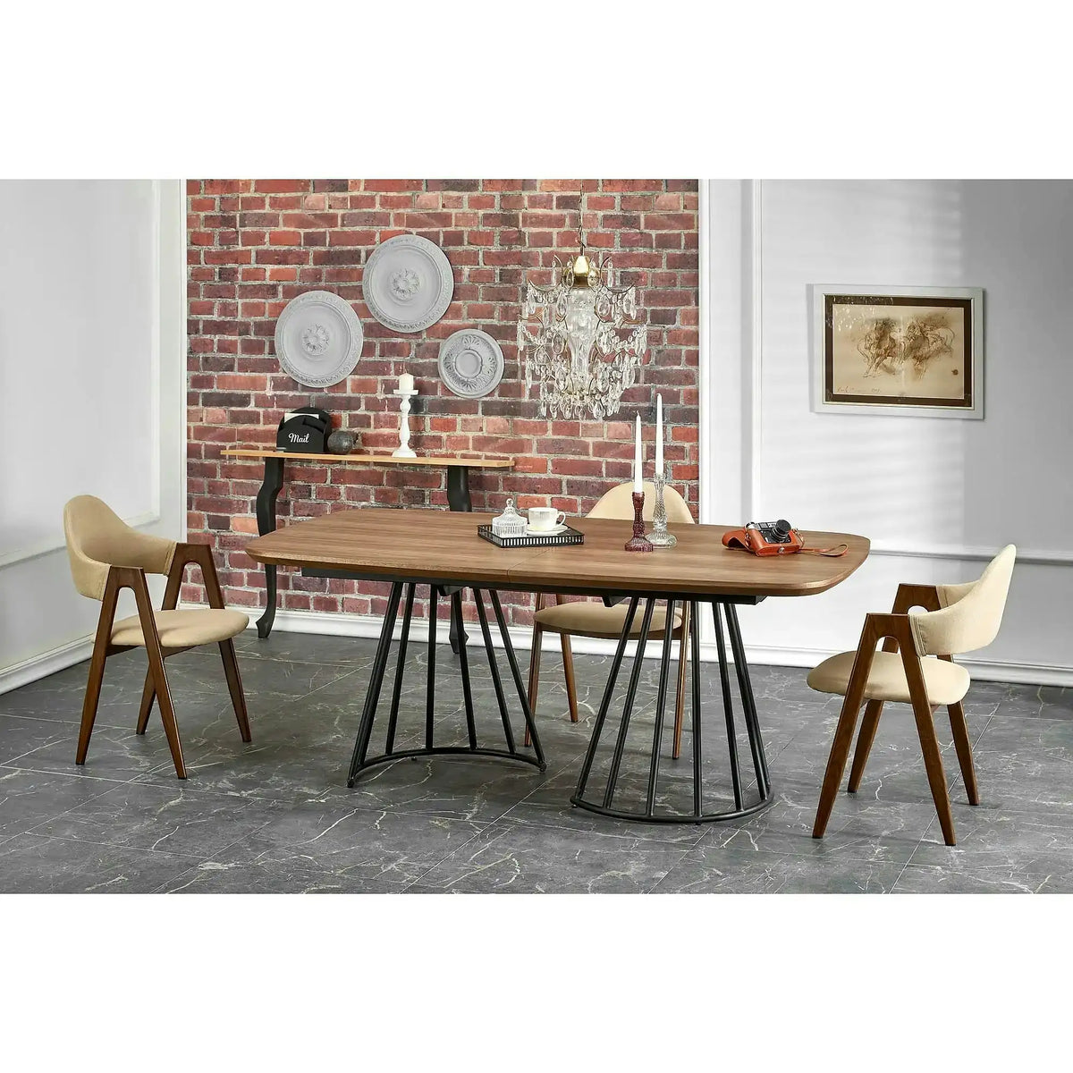 Scaun tapitat modern K344, bej/nuc, stofa clasica/metal, 51x57x82 cm