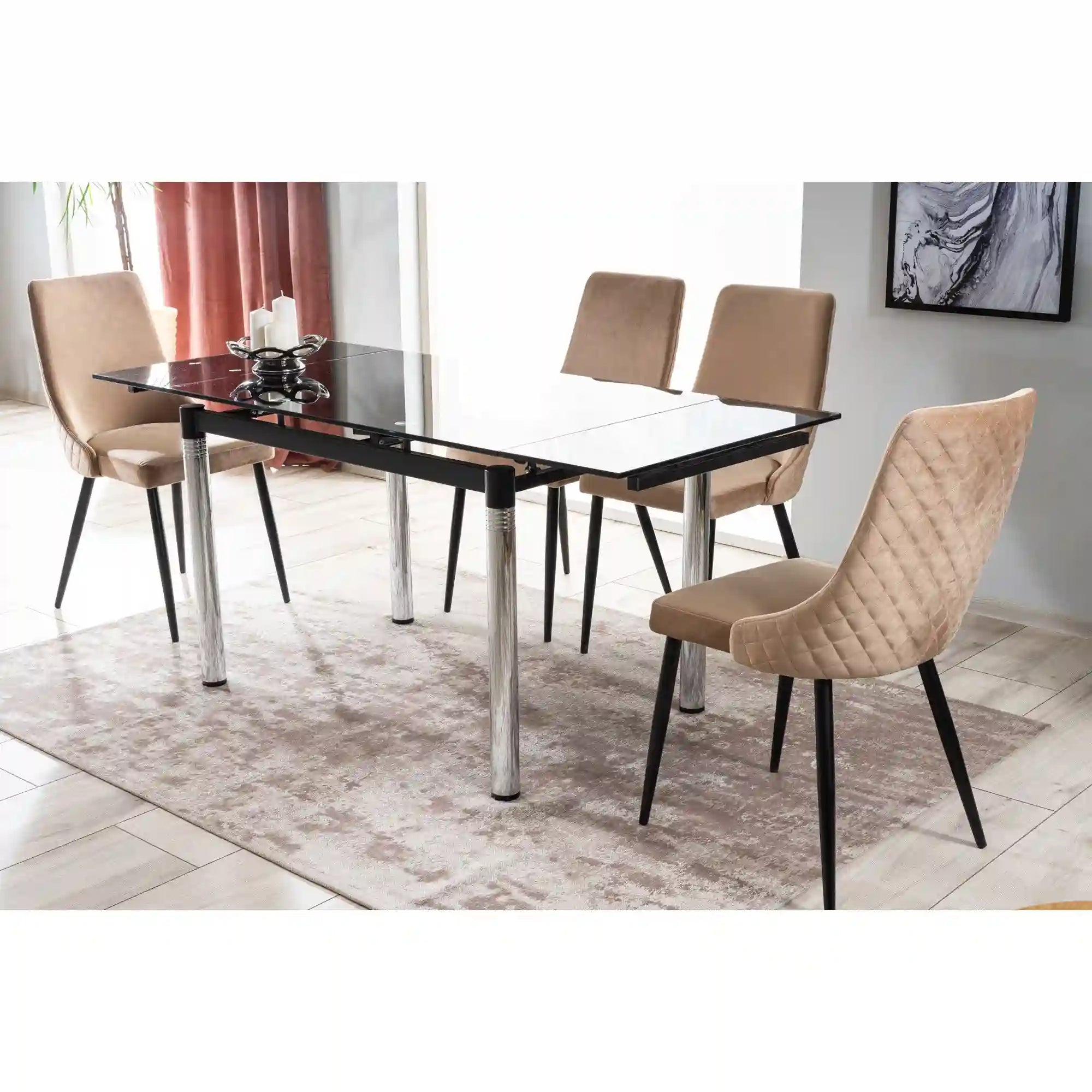 Scaun tapitat PIANO B, bej/negru, stofa catifelata/metal, 47x44x93 cm