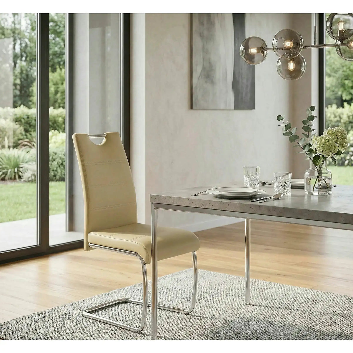 Scaun tapitat piele ecologica K211, bej/crom, 42x60x97 cm