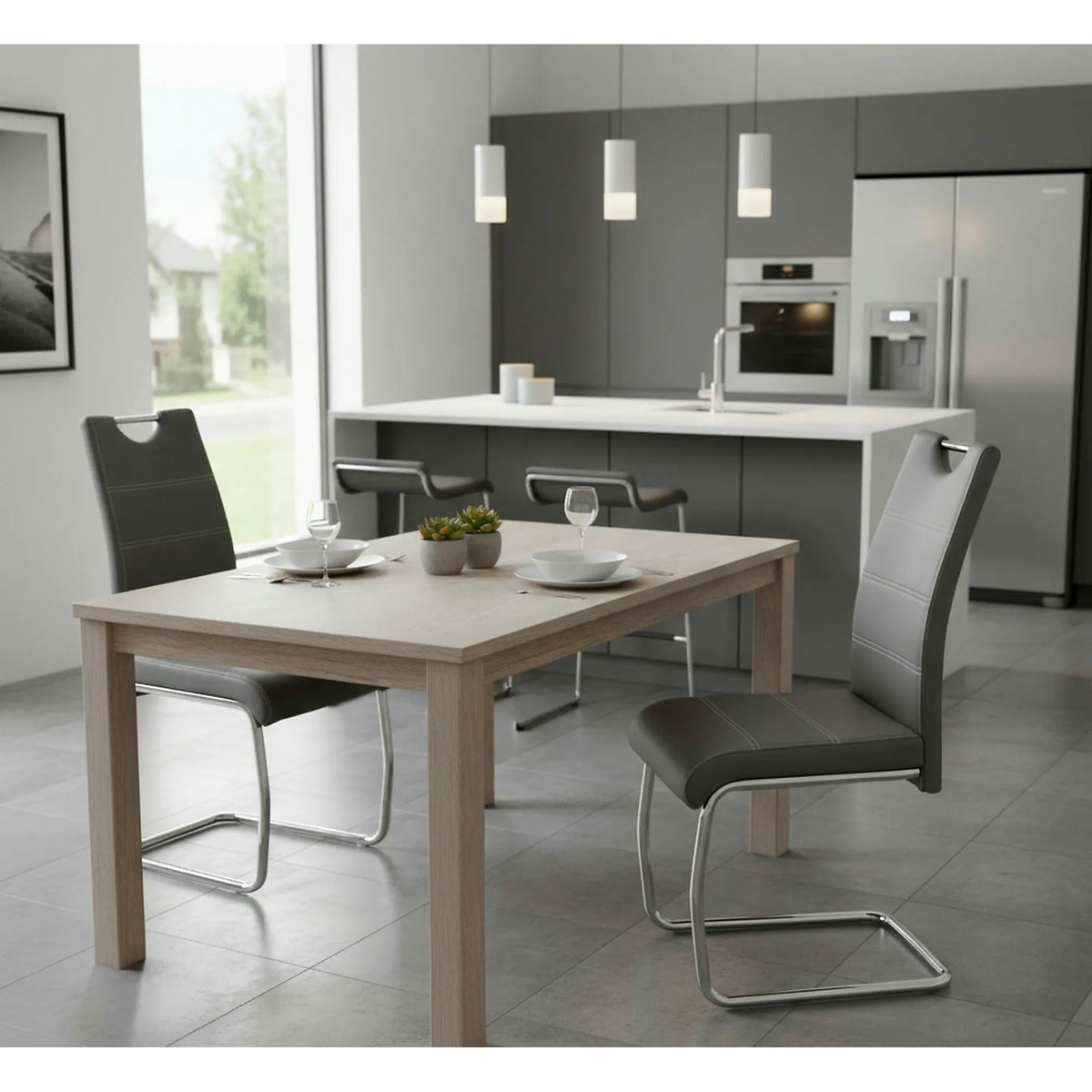 Scaun tapitat piele ecologica K211, gri/crom, 42x60x97 cm