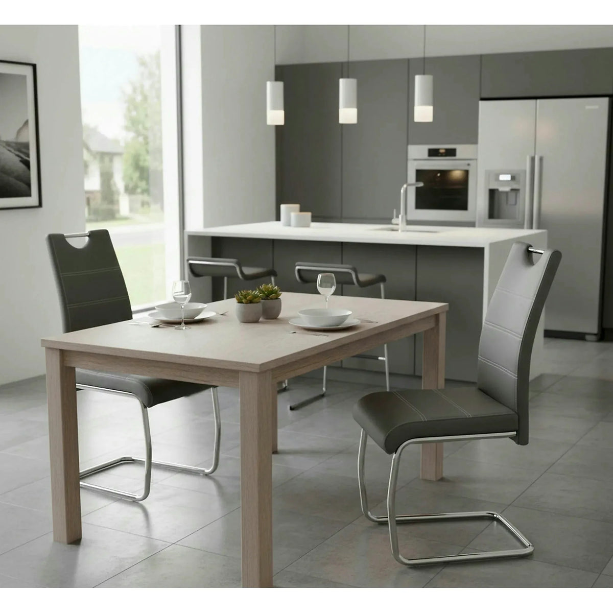 Scaun tapitat piele ecologica K211, gri/crom, 42x60x97 cm