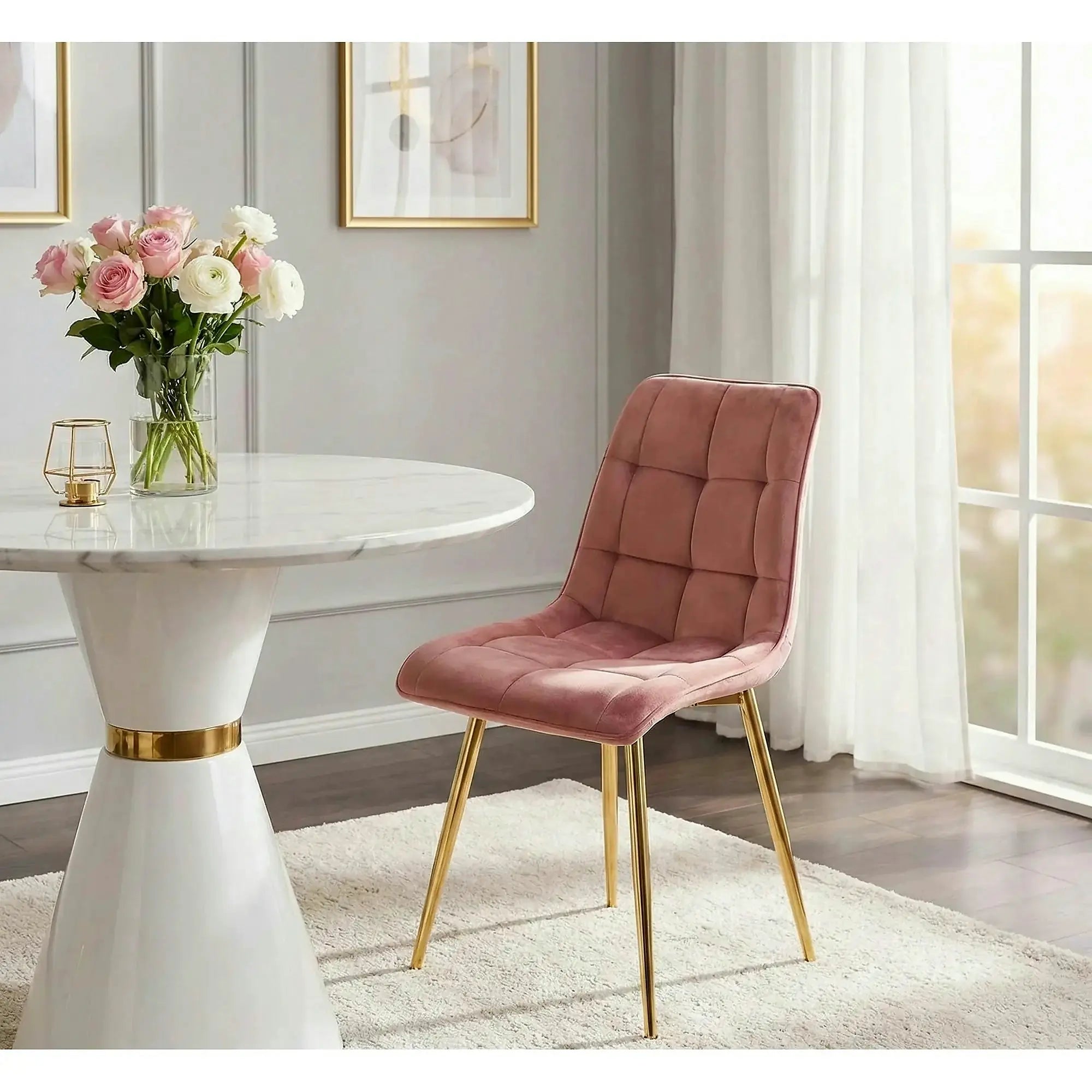 Scaun tapitat stofa catifelata CHIC, roz/auriu, 50x58x88 cm