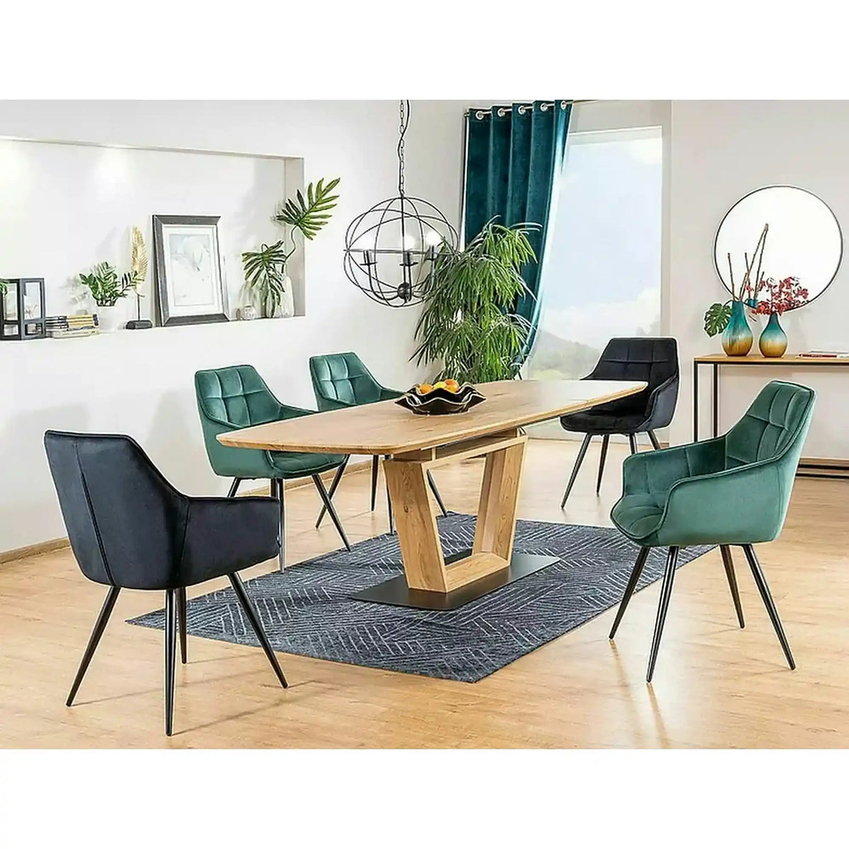 Scaun tapitat stofa catifelata LILIA, verde/negru, 59x45x90 cm